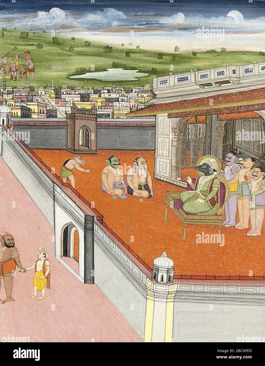 English: A SCENE FROM THE MAHABHARATA JAIPUR, CIRCA 1820 Gouache on paper,  a deity sits on a gold throne surrounded by attendants within a walled  white pavilion with orange floral ground, a