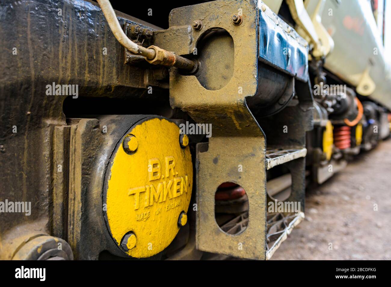 Closeup of a BR Timken axle box cover on a class 50 bogie Stock Photo