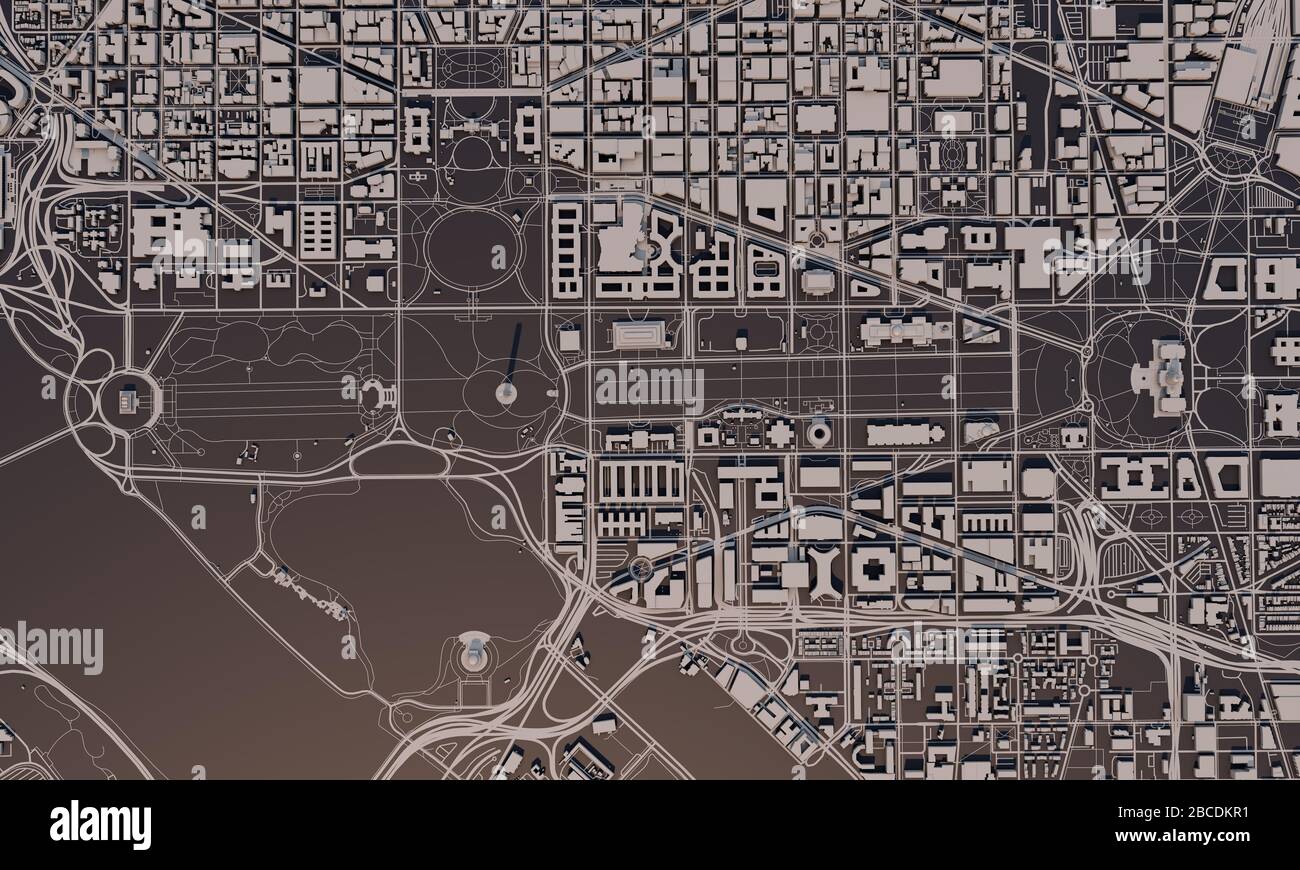 Washington DC city map 3D Rendering. Aerial satellite view Stock Photo