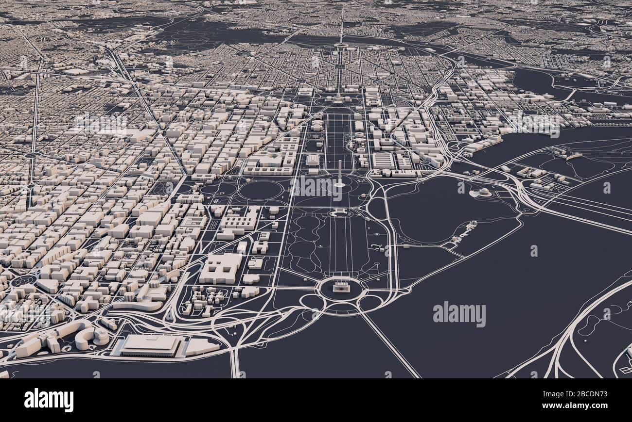 Washington DC city map 3D Rendering. Aerial satellite view Stock Photo