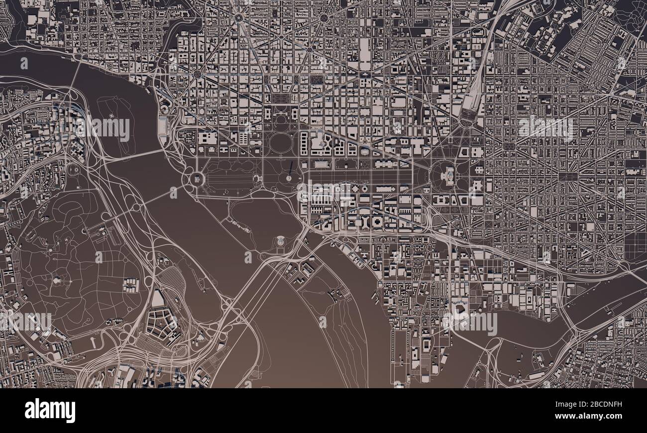 Washington DC city map 3D Rendering. Aerial satellite view Stock Photo