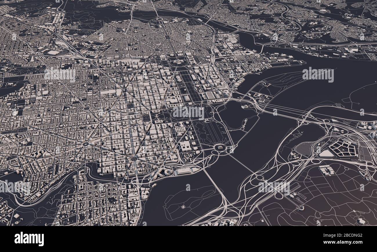 Washington DC city map 3D Rendering. Aerial satellite view Stock Photo ...