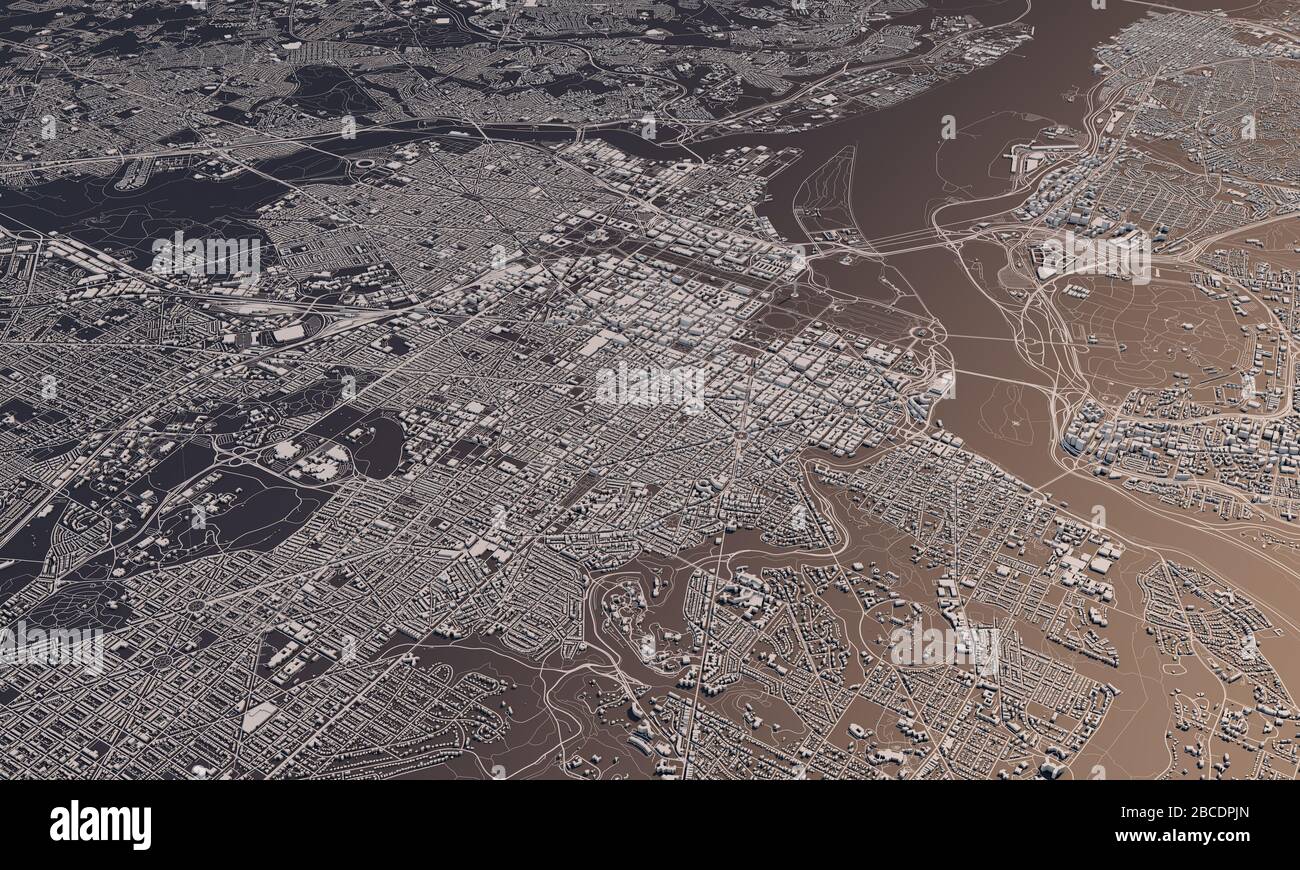 Washington DC city map 3D Rendering. Aerial satellite view Stock Photo
