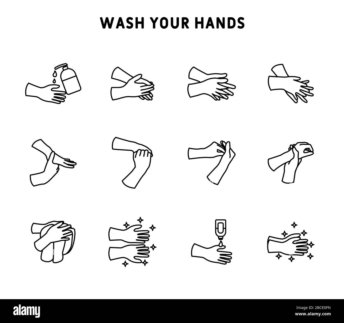 Wash hands icon set for infographic or website. Step by step hand washing. Simple Set of Hygiene Related Vector Line Icons. Hand washing line icon set Stock Vector