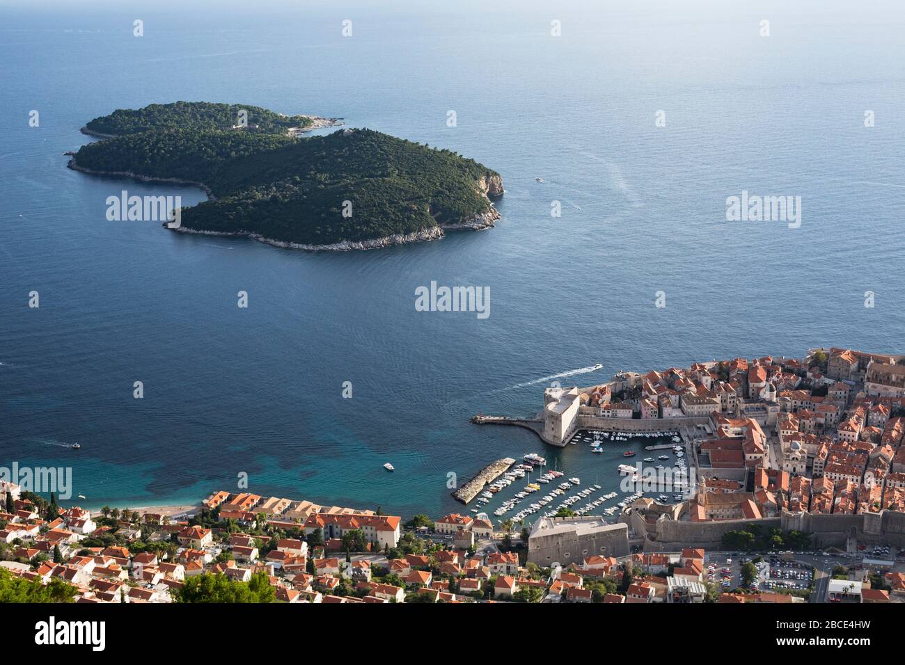 Old Town of Dubrovnik and Lokrum Island, viewed from Mt Srd, Croatia Stock Photo