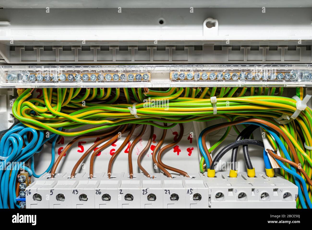 Block connecting greenyellow grounding wires with connected cables
