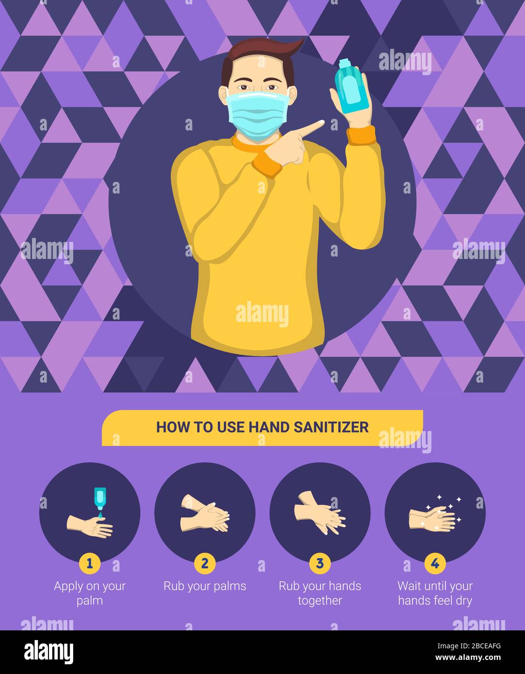 How to use hand sanitizer properly. Step by step infographic