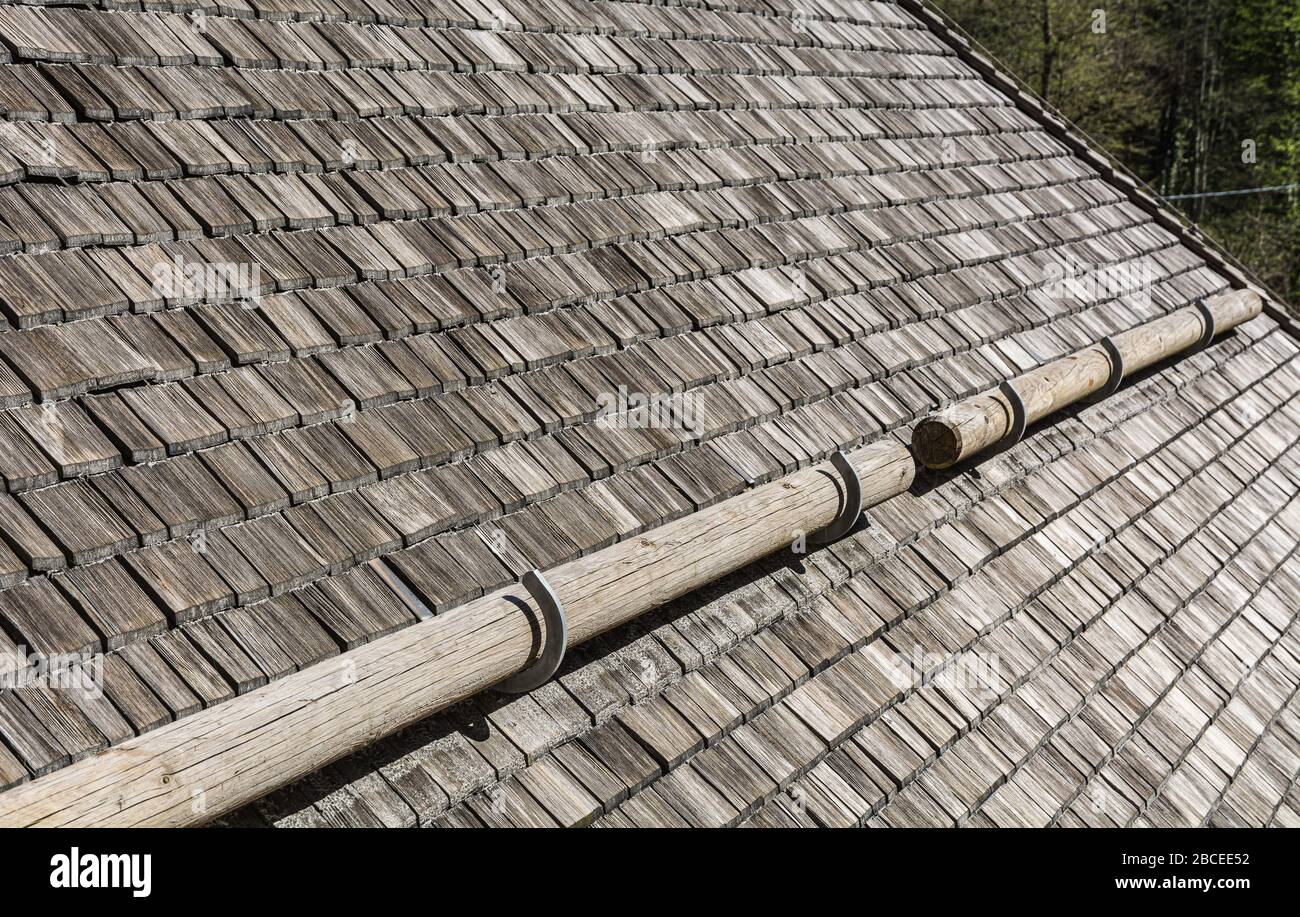 Close-up of wooden shingles. Wooden Roof of the Sanctuary of San Romedio, Non Valley, Trentino Alto Adige, northern Italy, Europe Stock Photo