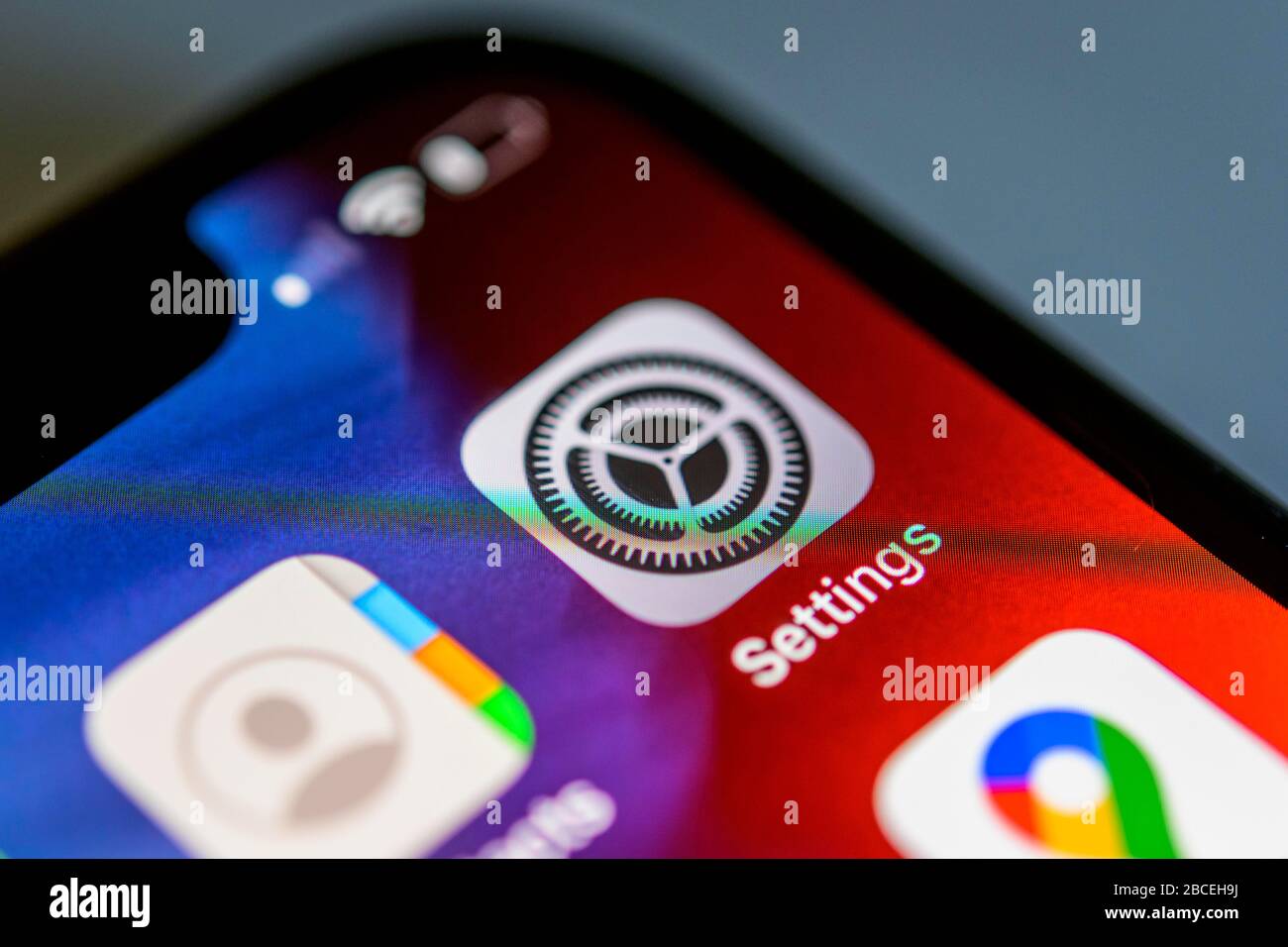 Apple Settings App, Icon, Logo, Display, Screen, iPhone, App, Mobile, Smartphone, iOS, Detail, full screen Stock Photo