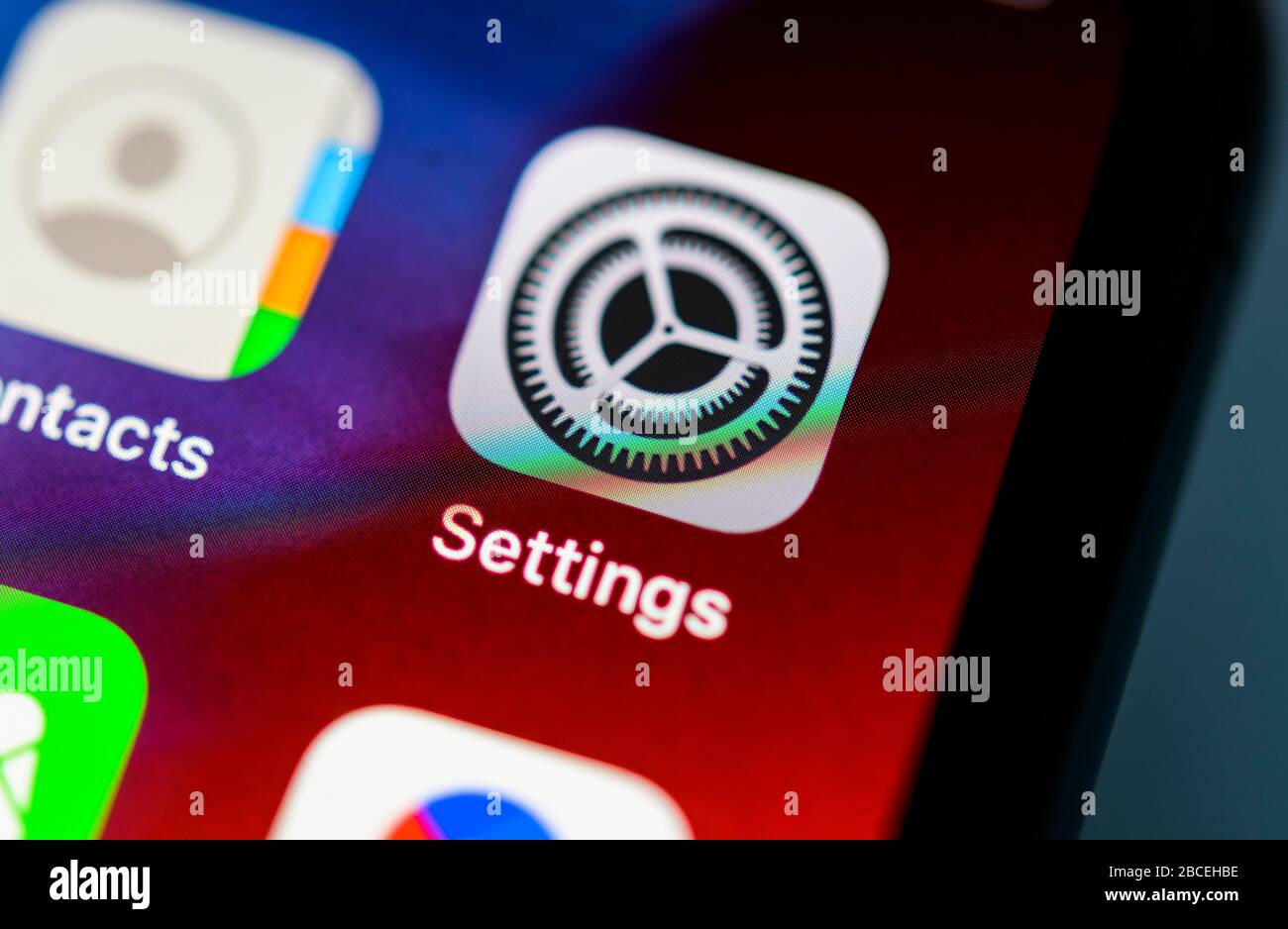 Apple Settings App, Icon, Logo, Display, Screen, iPhone, App, Mobile, Smartphone, iOS, Detail, full screen Stock Photo