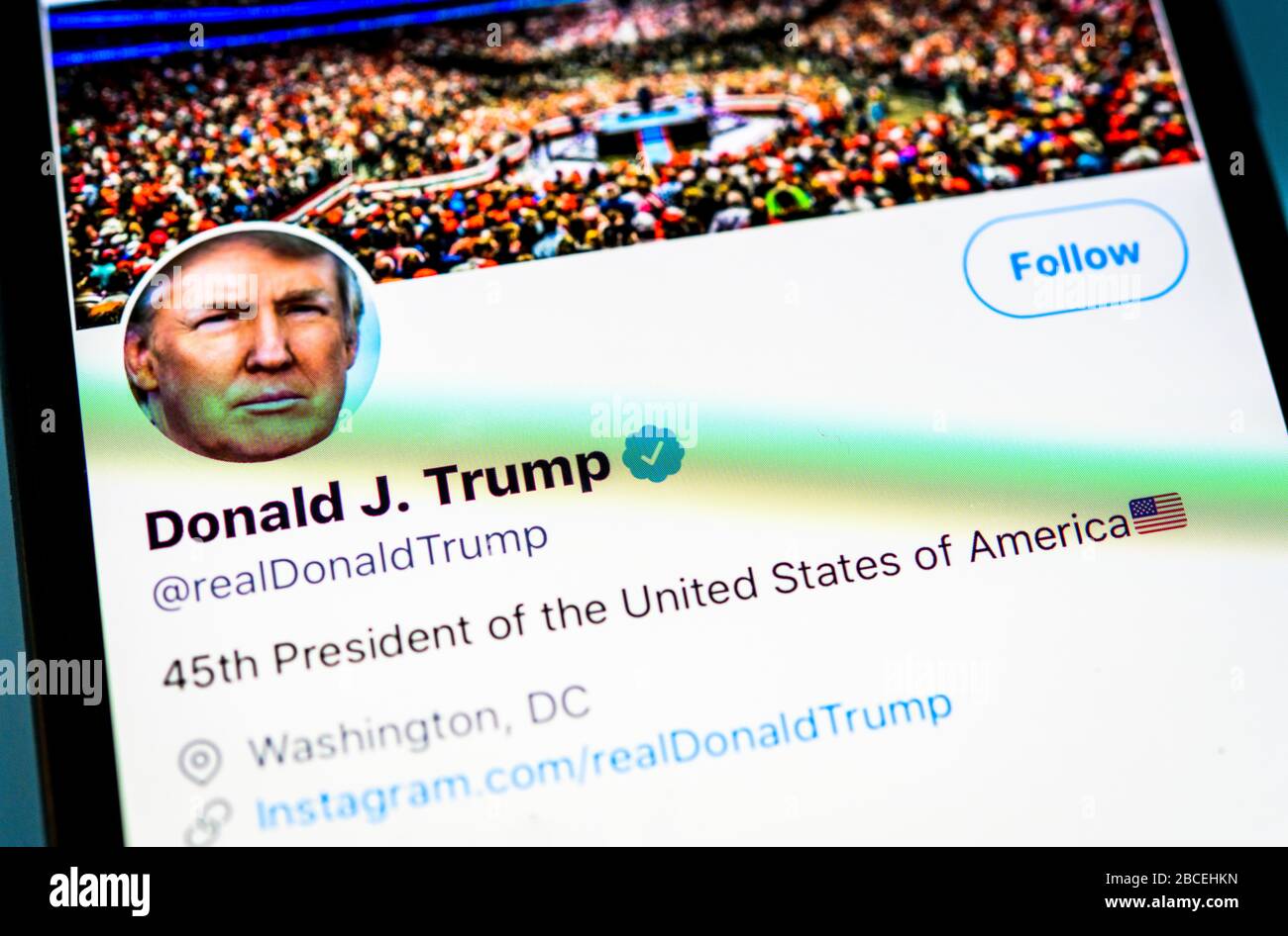 Official Twitter page of Donald J. Trump, realDonaldTrump, President of the United States of America, screenshot, Germany Stock Photo