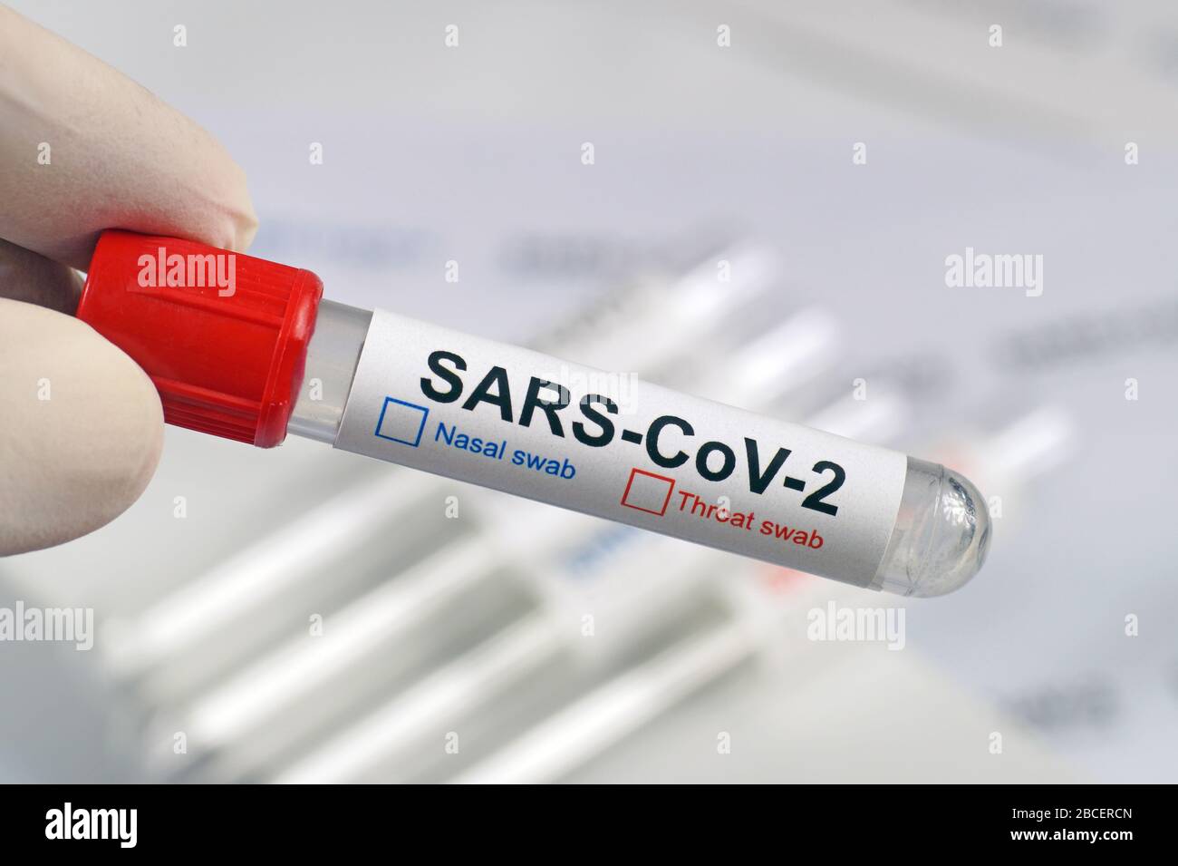 Sampling vials for nasal or throat swab. COVID 19 (SARS CoV2). Tests