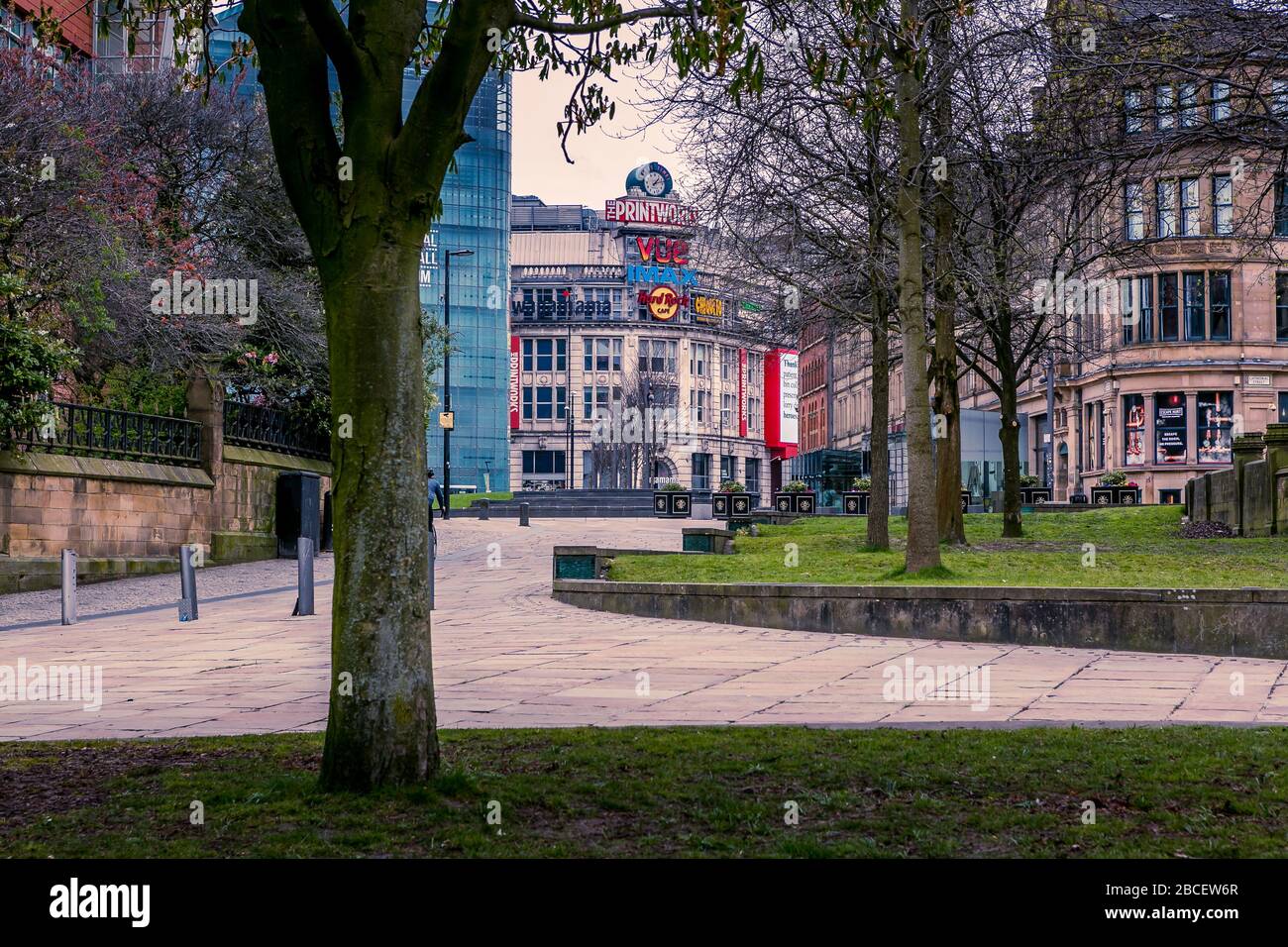 Manchester, United Kingdom. Empty streets, closed business's during the coronavirus outbreak, April 2020. Stock Photo