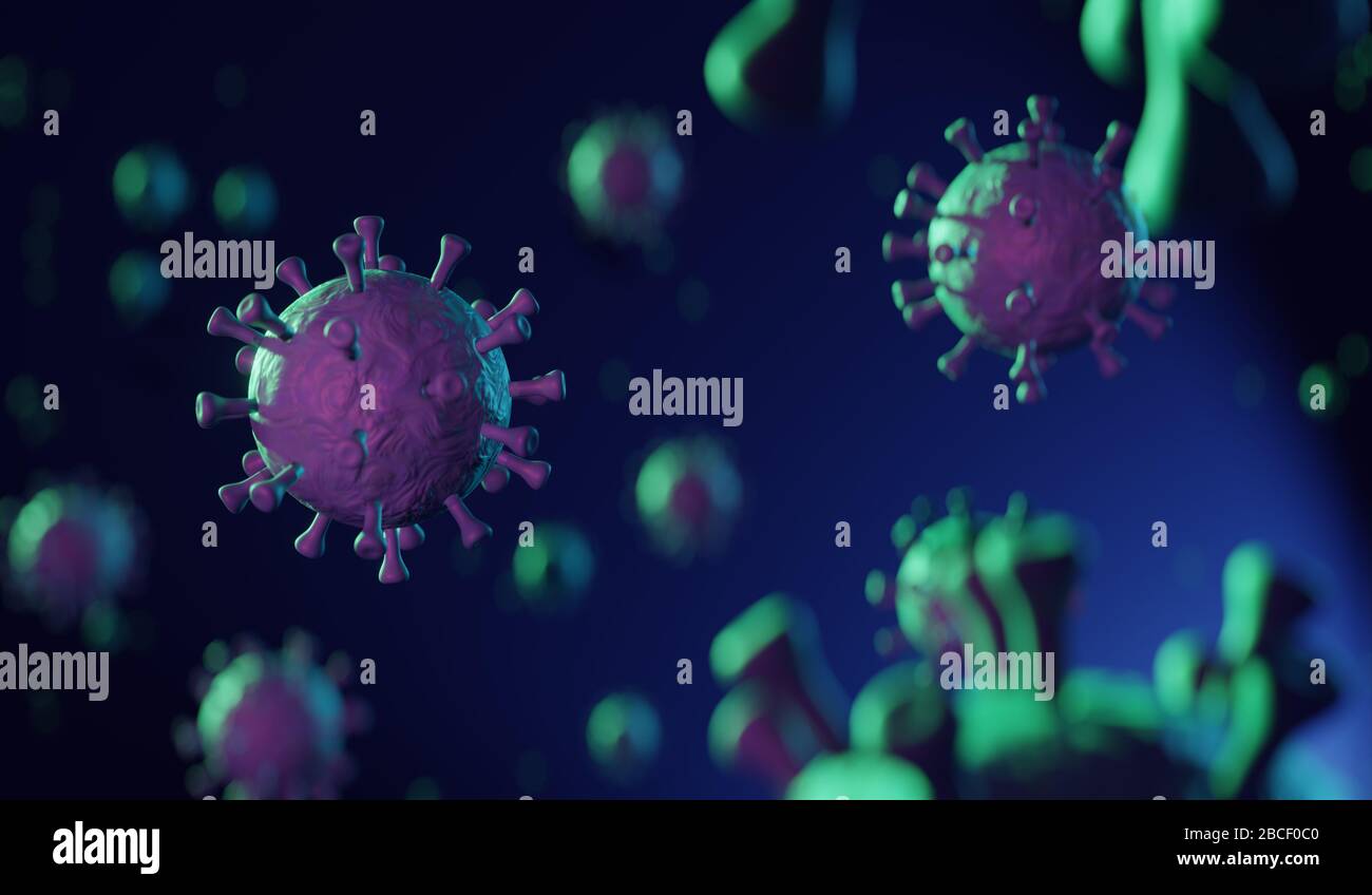 coronavirus floating in fluid microscopic view, pandemic or virus infection concept in 3D Stock Photo