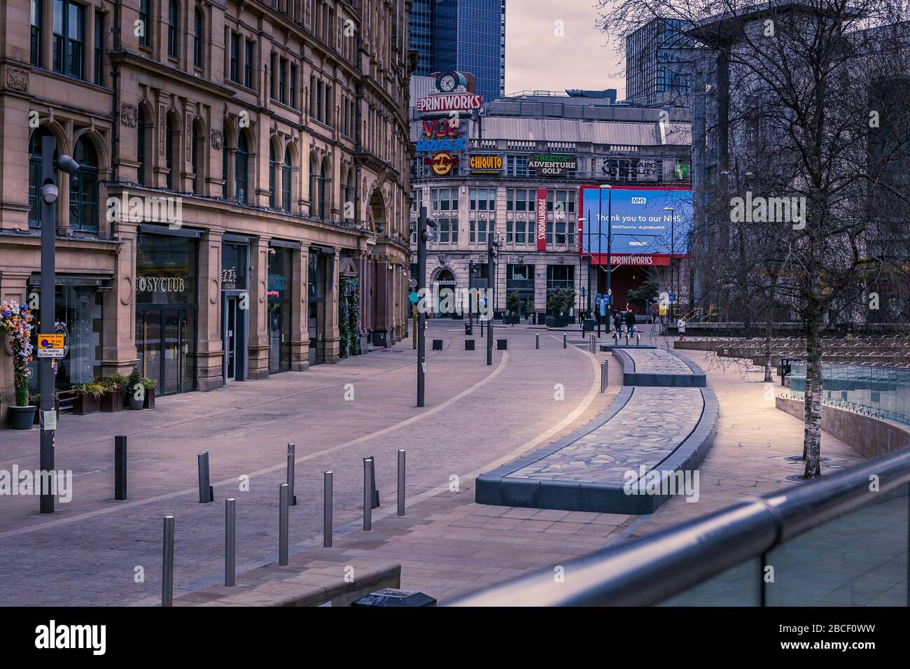 Exchange Square, Manchester, United Kingdom. Empty streets, closed business's during the coronavirus outbreak, April 2020. Stock Photo
