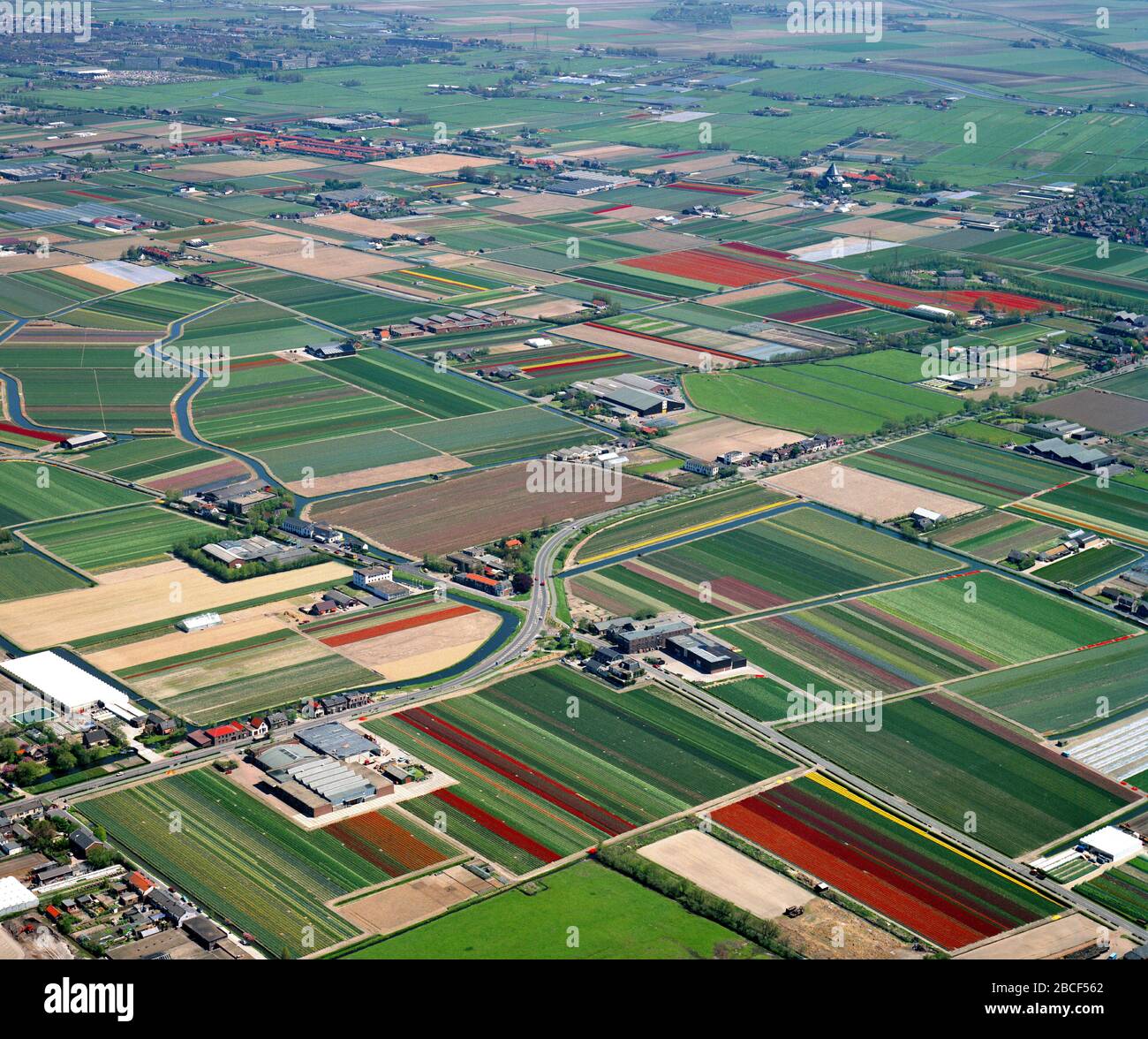 Teylingen, Voorhout, Holland, May 16 - 1986: Historical aerial photo of the flower fields near Teylingen, Voorhout Stock Photo