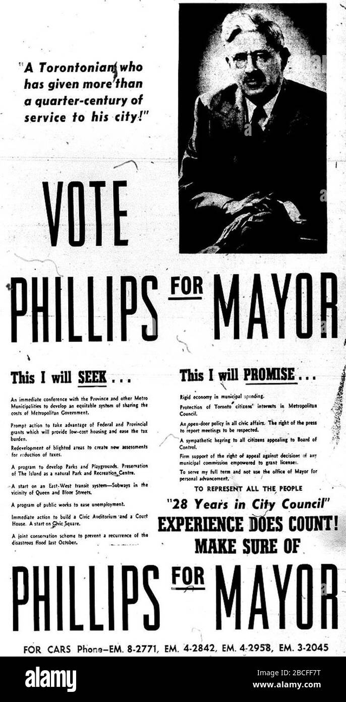 'An add for mayoral candidate Nathan Phillips.  Nathan Phillips won the mayoralty race in Toronto in 1954.Torontoist post about this ad: torontoist.com/2010/09/historicist the loyal orangeman ve...; 4 December 1954; The Telegram, December 4, 1954Retrieved from: Vintage Ad #1,216: Vote Phillips for Mayor Uploaded by Skeezix1000; Jamie from Toronto, ON; ' Stock Photo