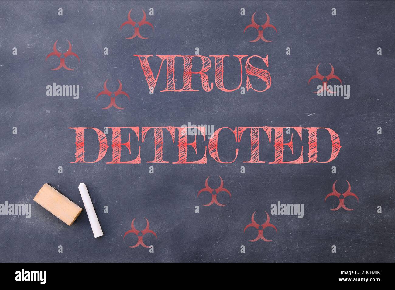 Coronavirus pandemic behaviour rules or health advice. Virus detected chalkboard inscription. Stock Photo