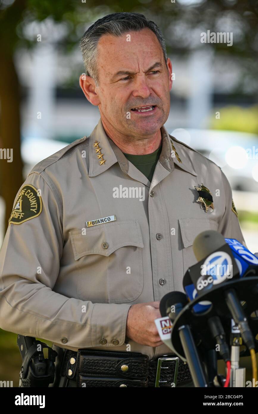 Riverside, California, USA. 3rd Apr 2020. Riverside County Sheriff Chad Bianco addresses the media at a Friday, April 3, 2020, in Riverside, Calif. Bianco announced the passing Deputy David