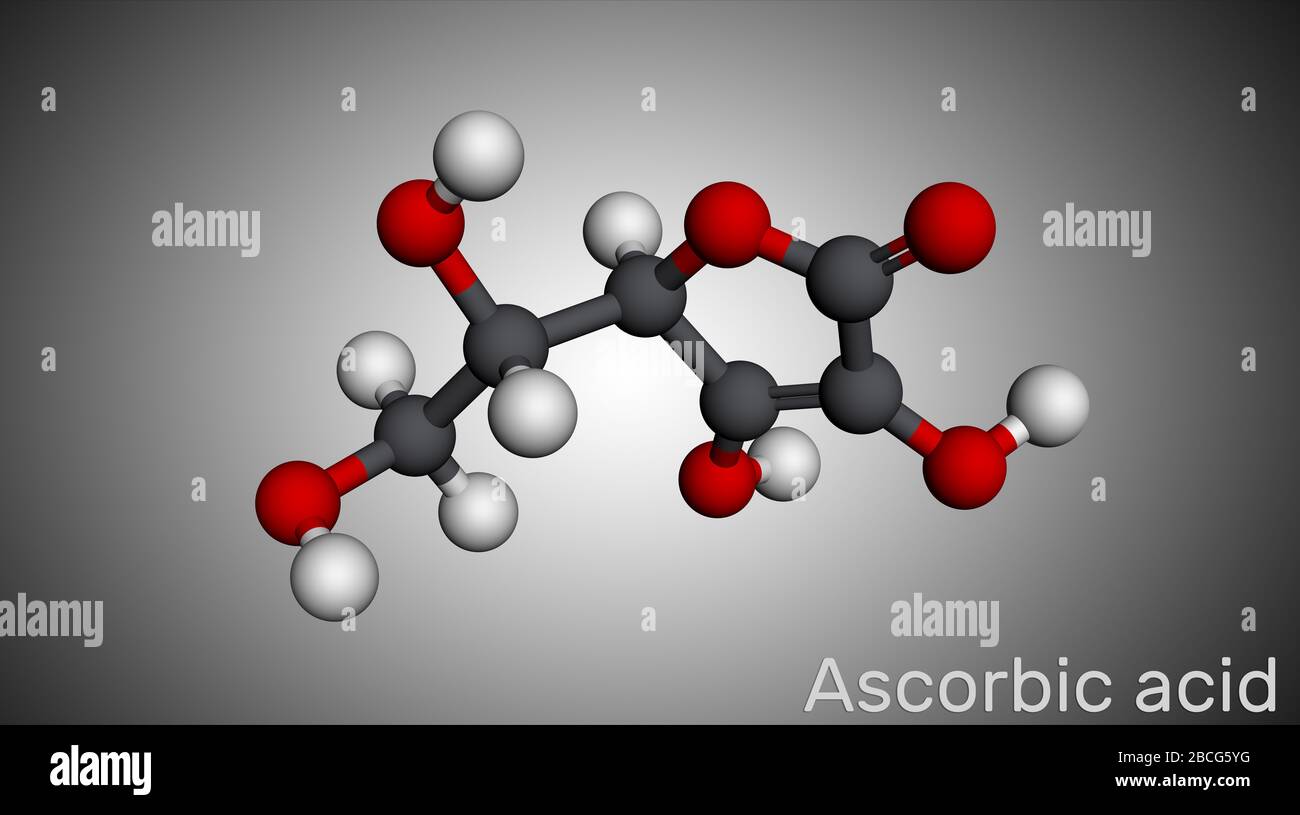Ascorbic acid, vitamin C, C6H8O6 molecule. Food additive E300. Molecular model. 3D rendering Stock Photo