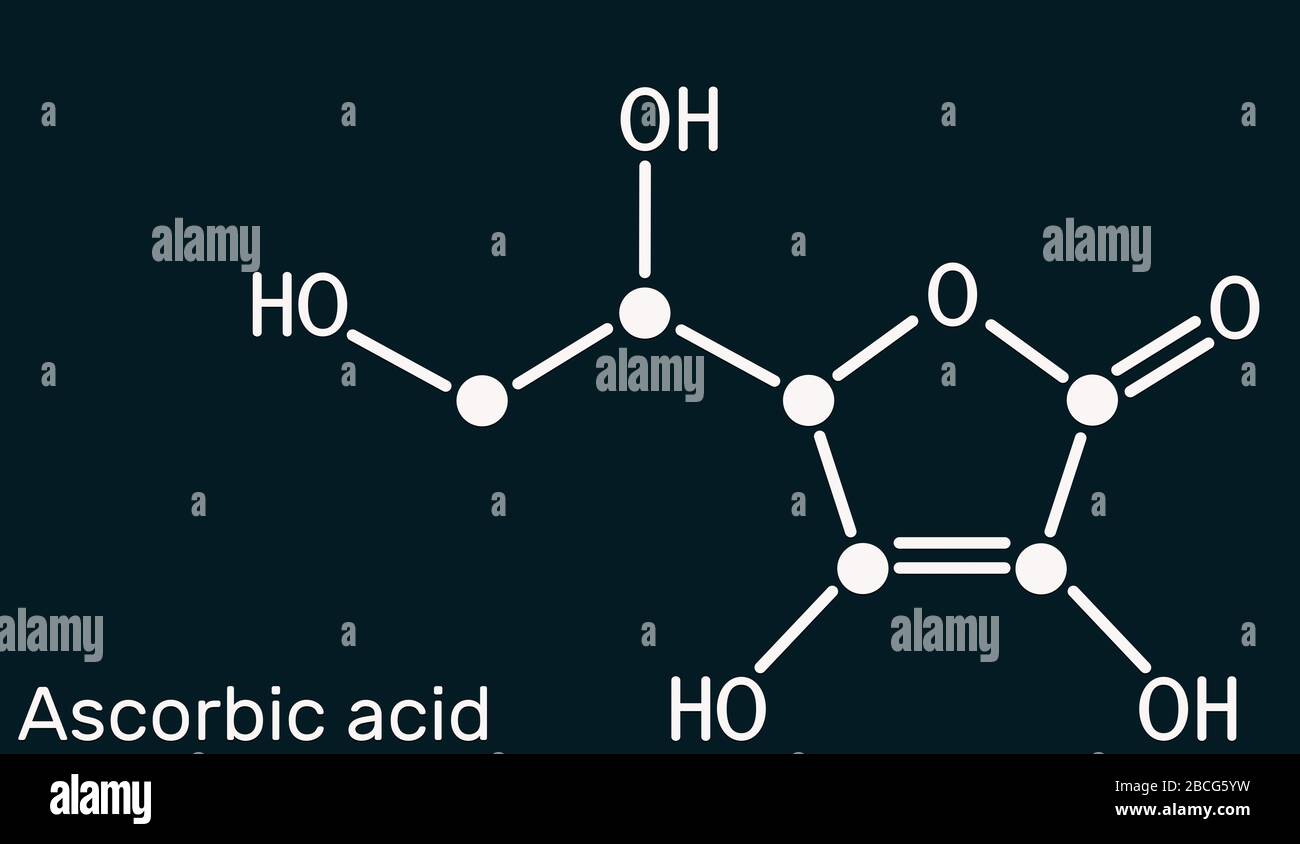 Ascorbic acid, vitamin C, C6H8O6 molecule. Food additive E300. Structural chemical formula on the dark blue background. Illustration Stock Photo