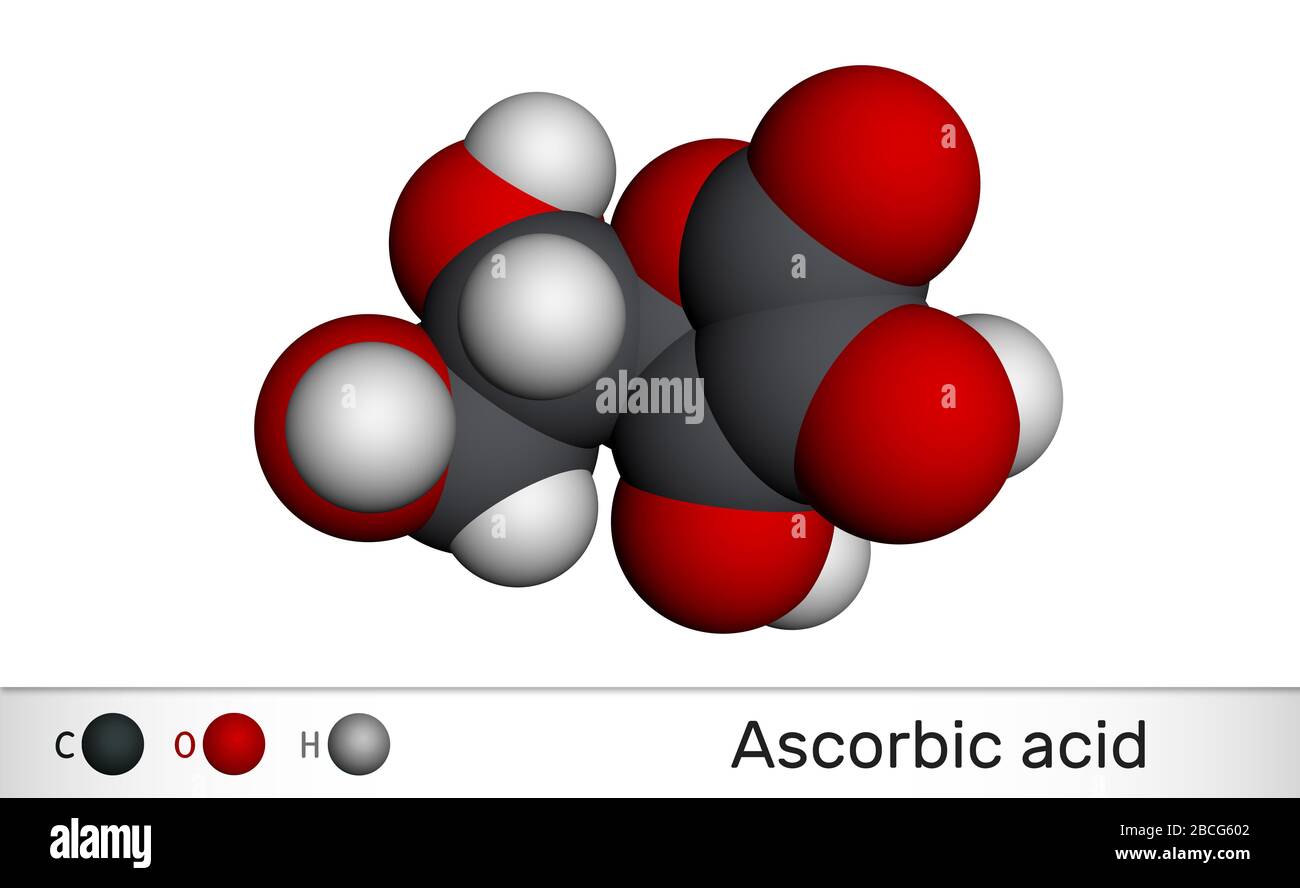 Ascorbic acid, vitamin C, C6H8O6 molecule. Food additive E300. Molecular model. 3D rendering Stock Photo