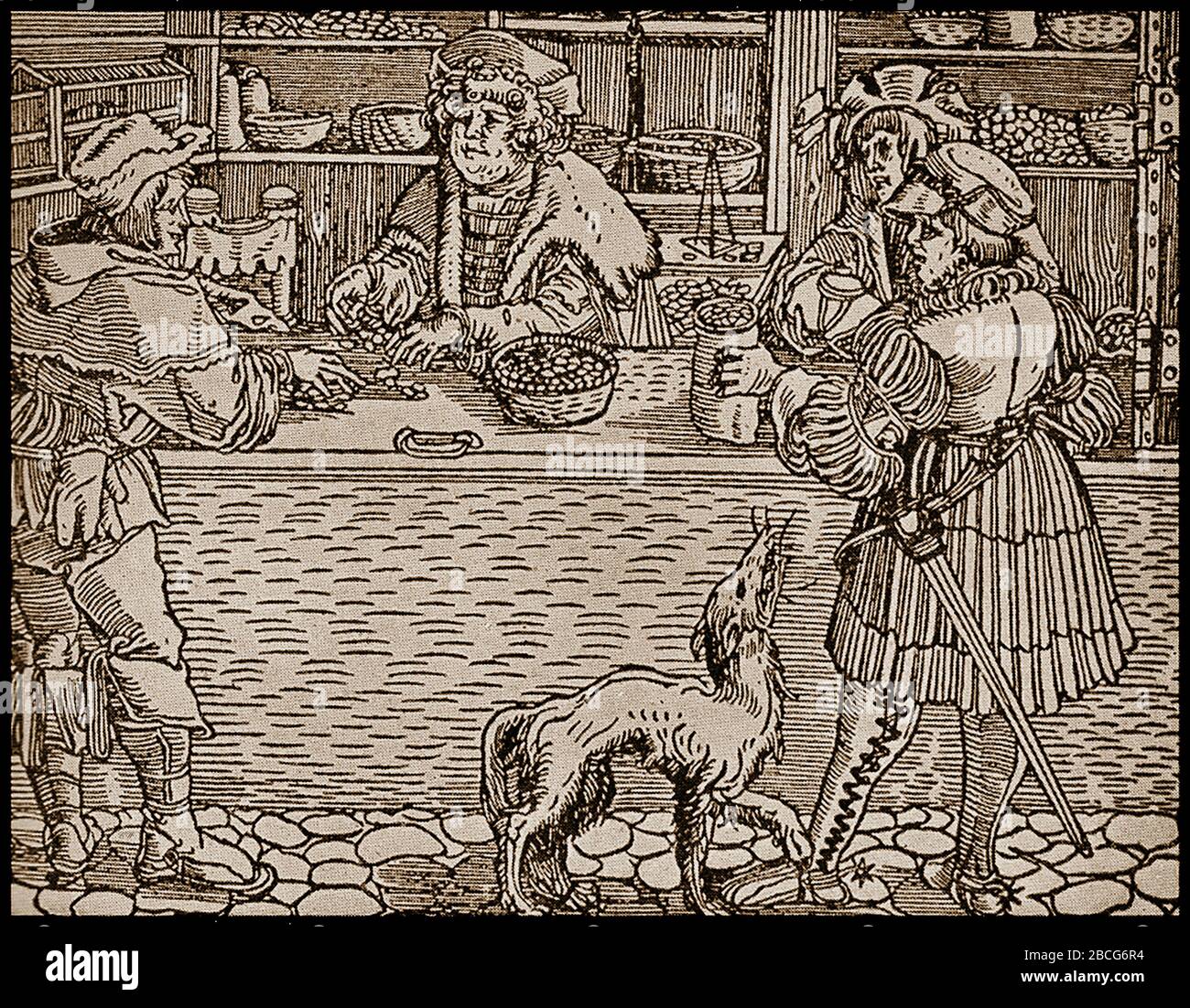 A medieval woodcut showing a money changers shop in Britain. In Europe they would sit on  benches  or bancas at markets etc, giving us the modern terms bank and banker. The scales in the picture were used to verify the amount of precious metal in coinage. Those that operated from premises would make loans and give credit bills. Stock Photo
