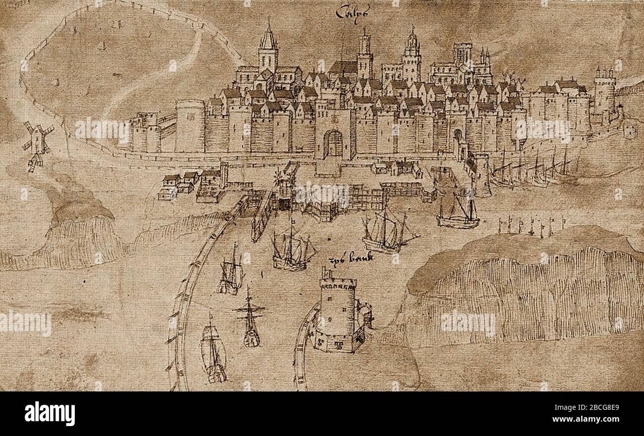 Merchants of the Staple (The Company of Merchants of the Staple of England or Merchant Staplers) - A 1525 drawing of Calais, the Staple Town between 1363 to 1558. It was the oldest mercantile corporation in England) dealing in wool, skins, lead and tin which controlled the export of wool to the continent during the late medieval period. The Staple was a closed or fixed market, but probably originated a  term for a market commodity (e.g. staple diet). It was first fixed at Antwerp then  Saint-Omer, Bruges, Brussels, Louvain, Mechelen , Calais; and in 1353  at Staple Inn, Holborn, London. Stock Photo