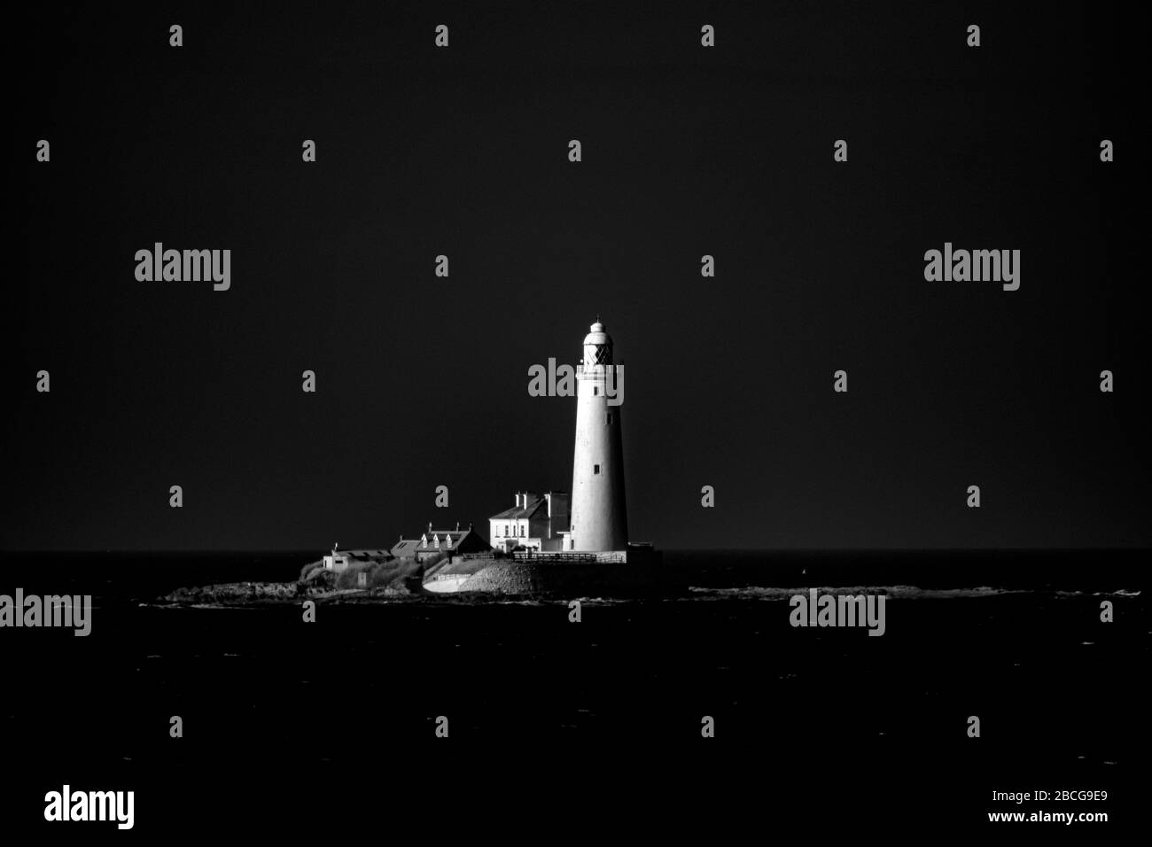 St. Mary's Lighthouse, Whitley Bay, Tyne and Wear, England in infra red greyscale Stock Photo