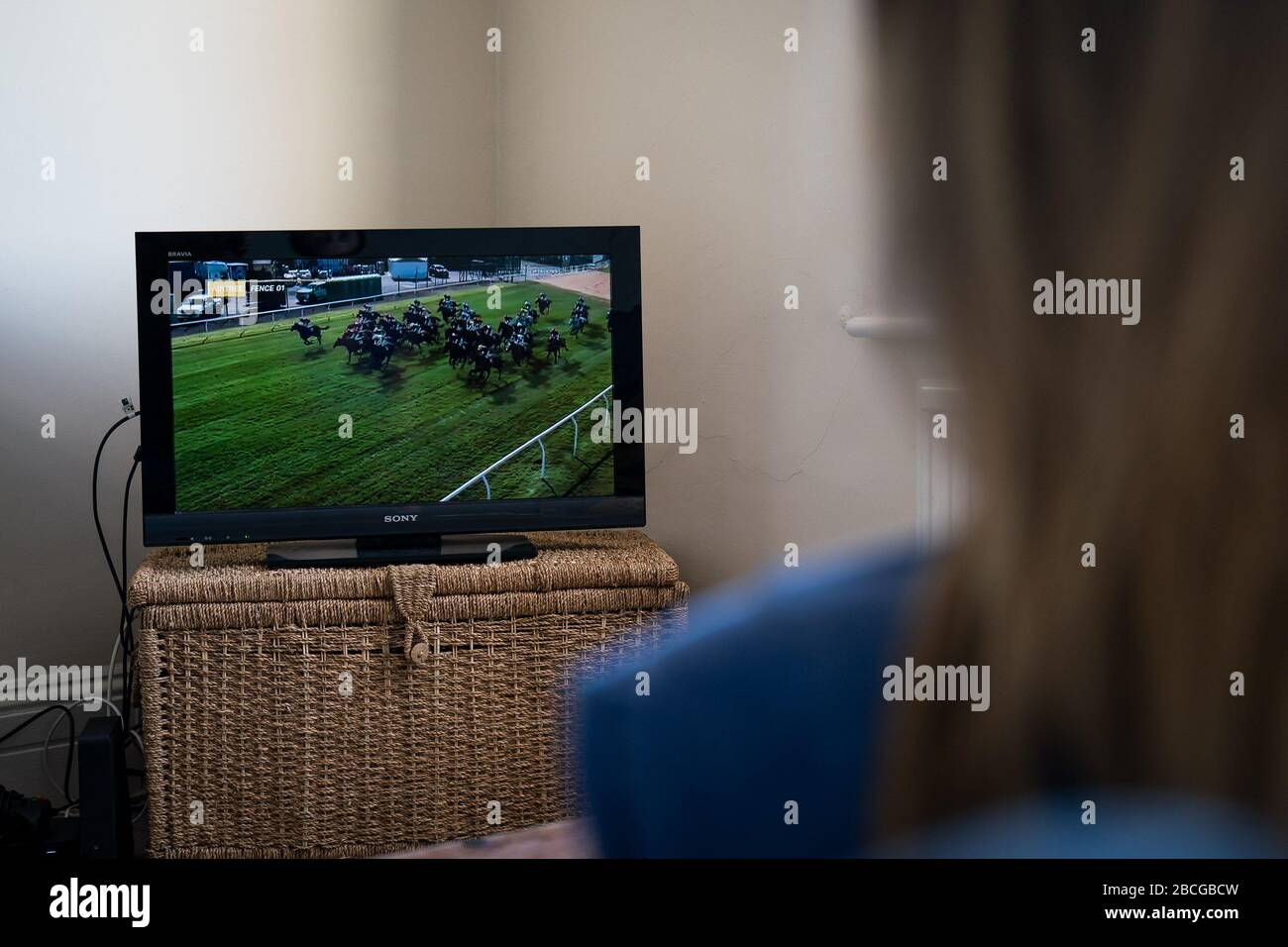 A person watches the Virtual Grand National on a TV in a flat in Wandsworth. Stock Photo