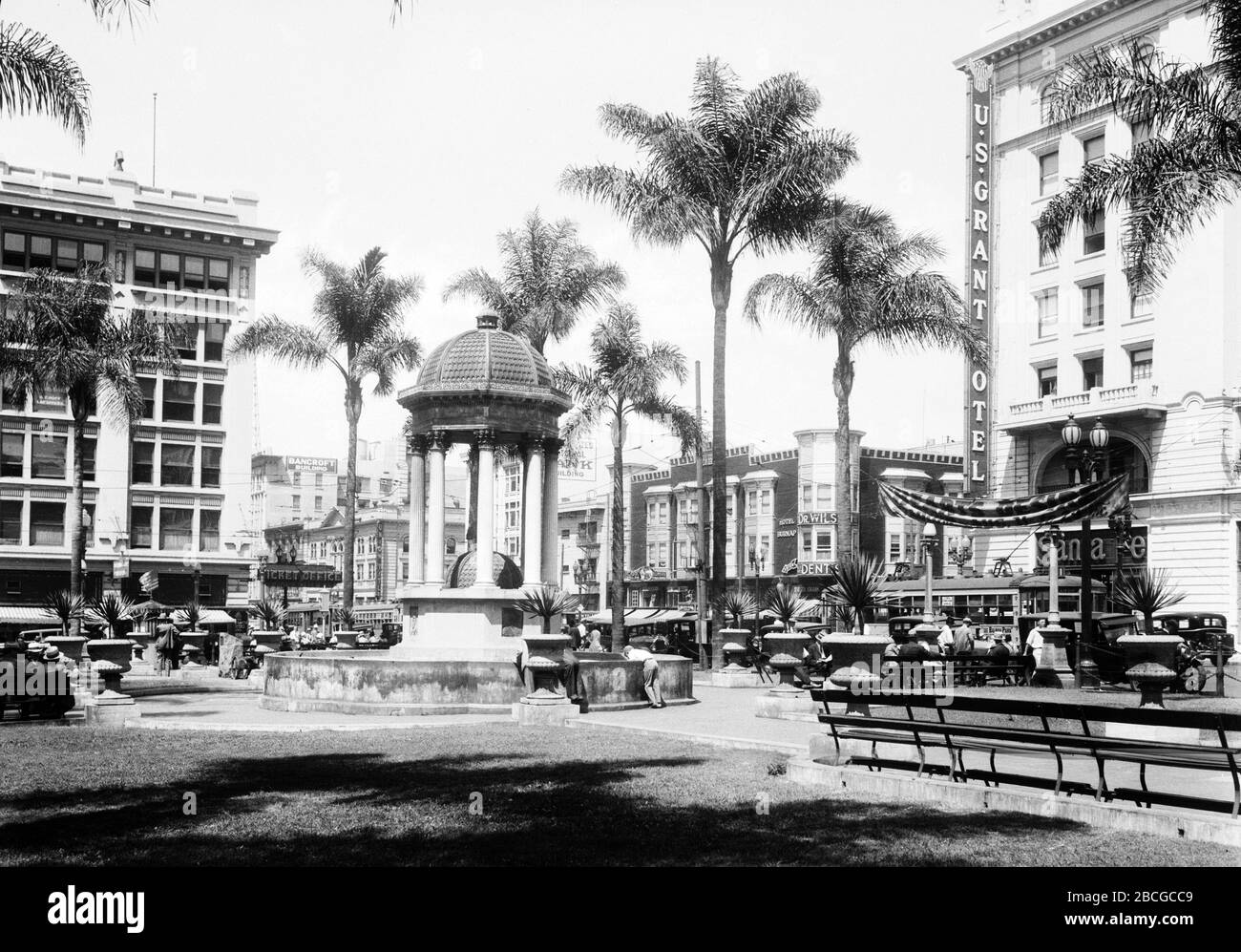 Horton Plaza in Downtown San Diego, California, 1931. The Broadway Fountain  is in the center of the image and the U.S. Grant Hotel is seen to the  right. Photography by Burton Holmes, image size:1300x997