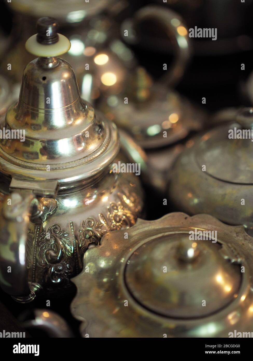 Moroccan silver teapots, Italy Stock Photo Alamy