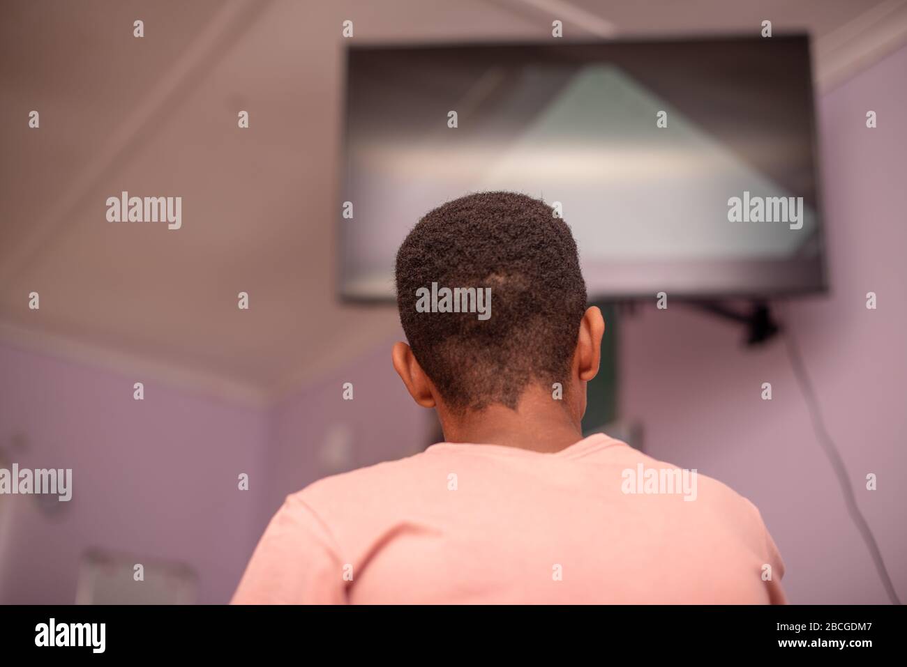 Young boy shot from behind while watching television Stock Photo
