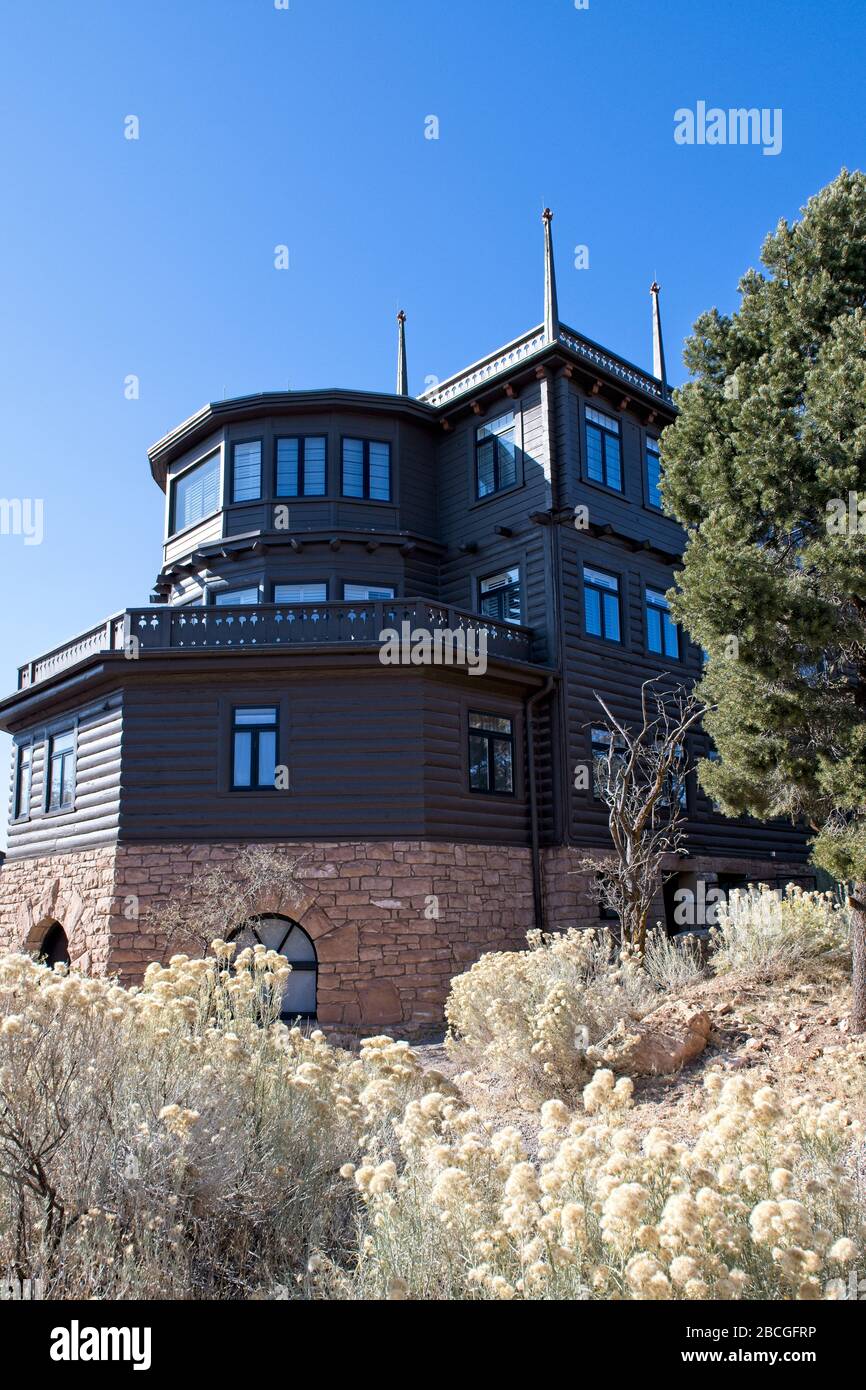 An exterior view of the legendary El Tovar hotel on the south rim of the Grand Canyon National Park in Arizona Stock Photo