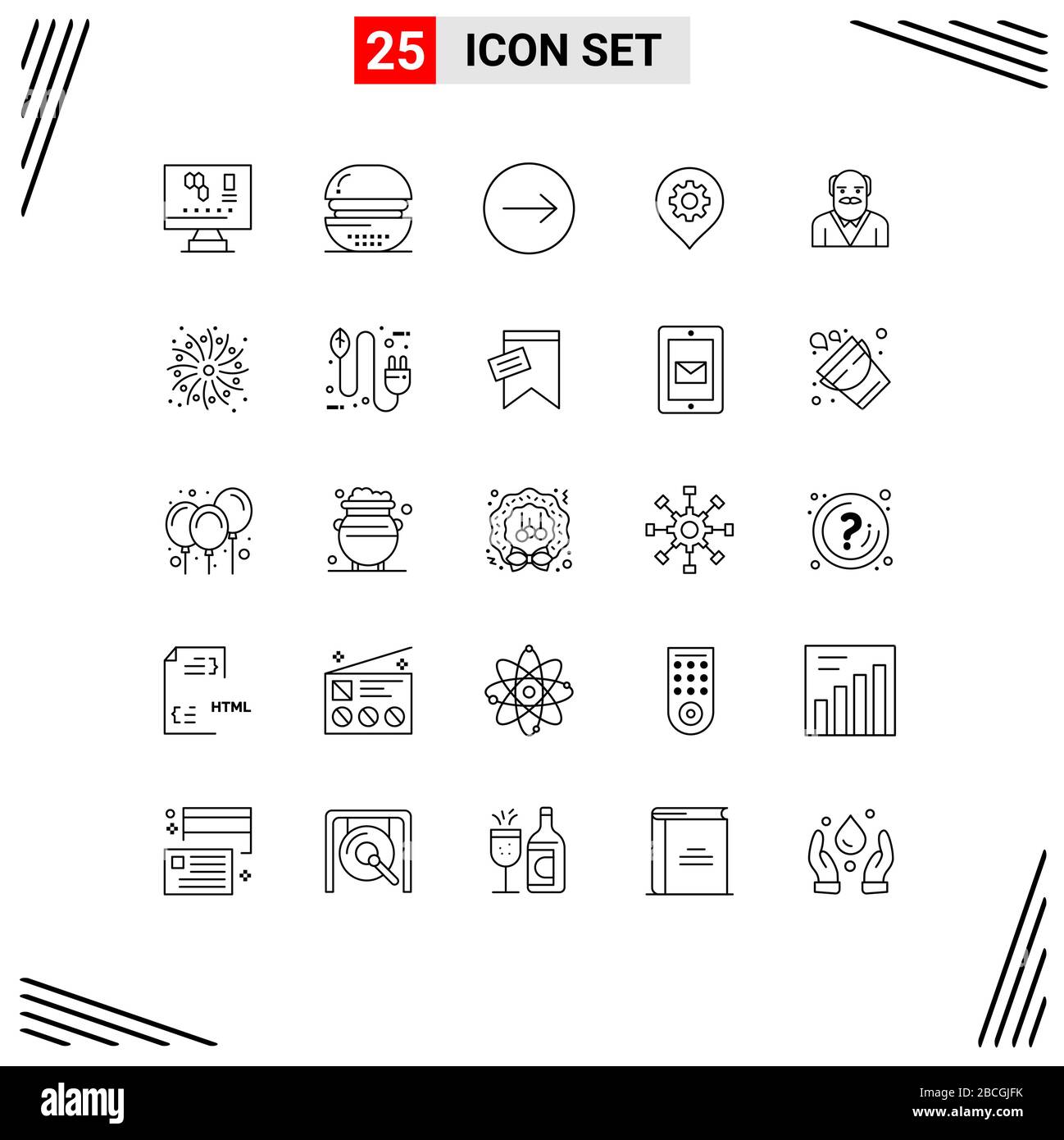 25 Line concept for Websites Mobile and Apps father, map, meal, location, gear Editable Vector Design Elements Stock Vector