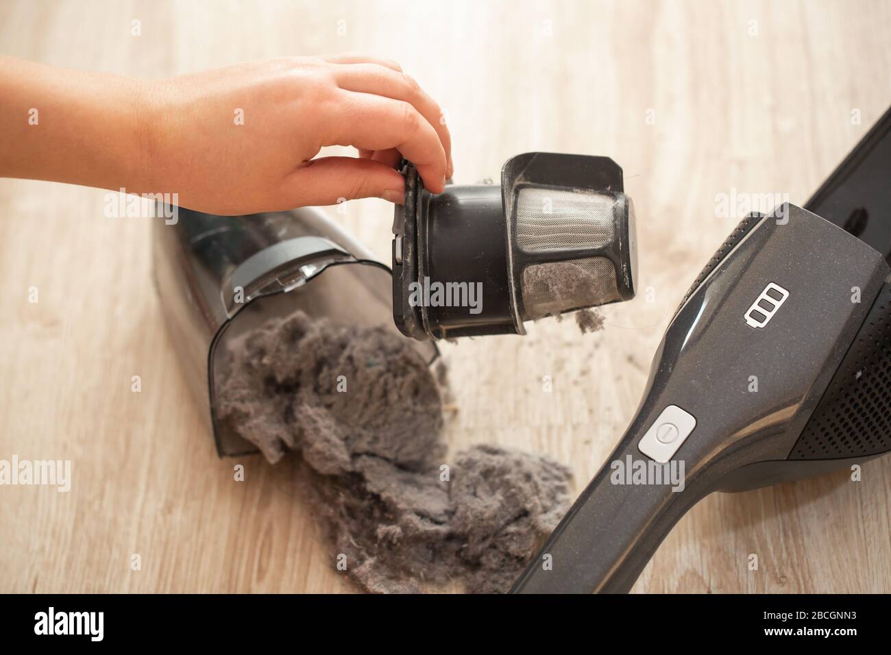 Close up of massively clogged, dirty filter of hand vacuum cleaner, dust and powder on the vacuum filter Stock Photo