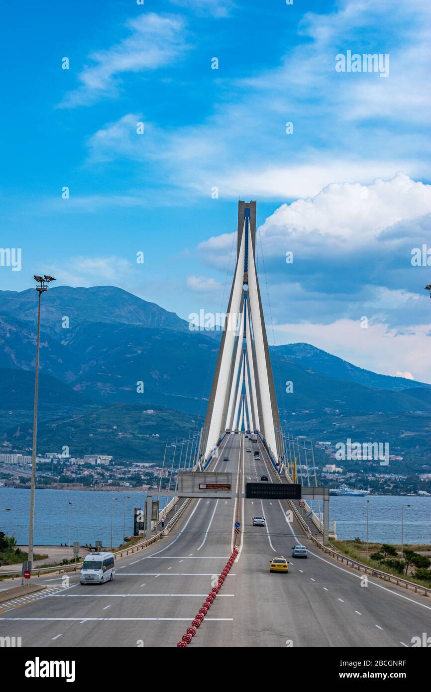The Mega structure bridge of Rio Antirio (Charilaos Trikoupis bridge) located near Patras city in Achaea, Greece Stock Photo