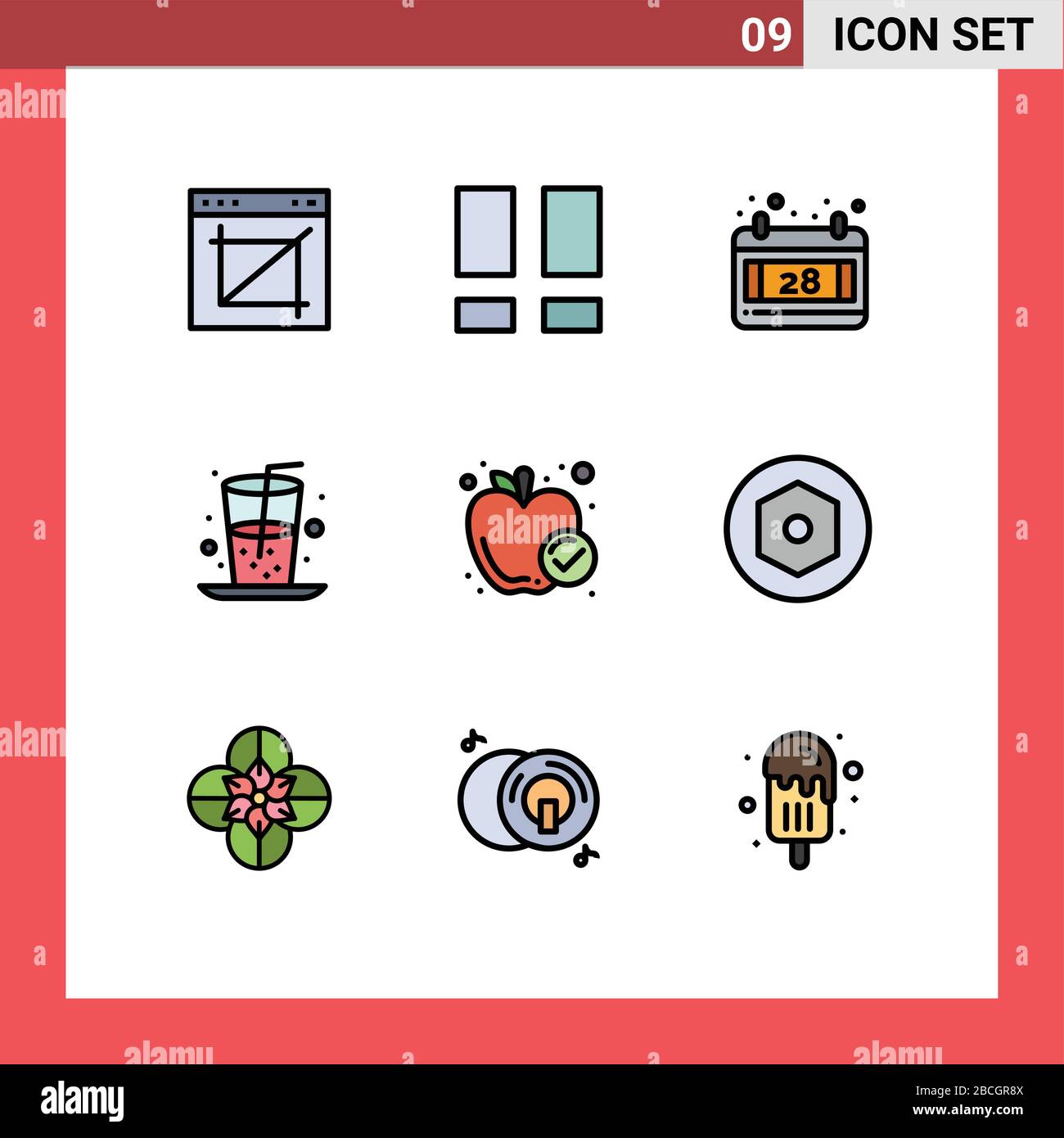 9 User Interface Filledline Flat Color Pack of modern Signs and Symbols of food, juice, photo, food, beverage Editable Vector Design Elements Stock Vector