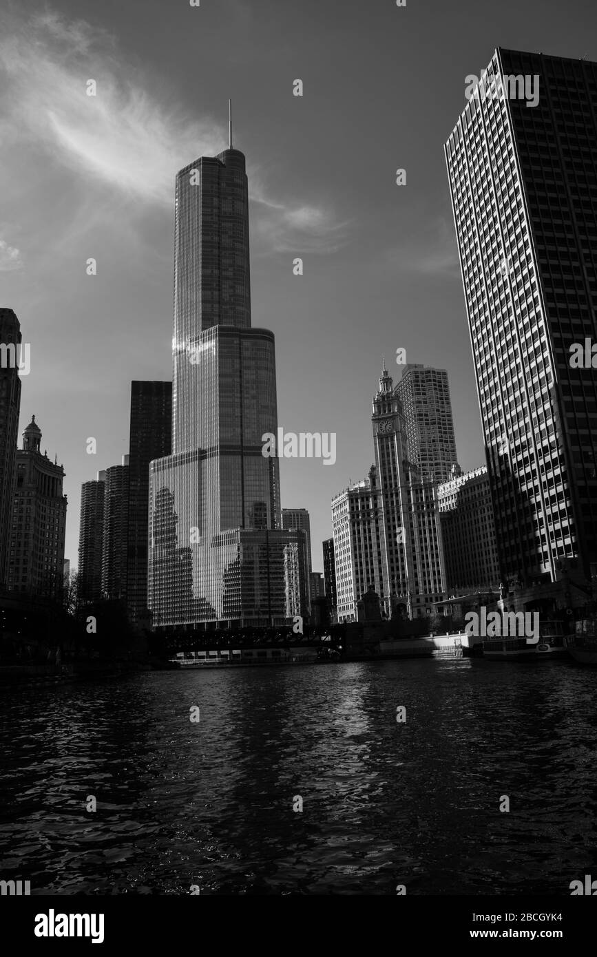 Chicago, IL, USA - November 9th 2019 - Trump hotel from the entrance of the Chicago river Stock Photo