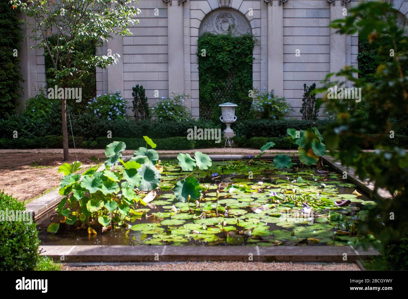 New York, NY, NYC, New York City, Manhattan, Upper East Side, The Frick Collection, art museum, garden court, fountain, skylight, ionic columns, bench Stock Photo