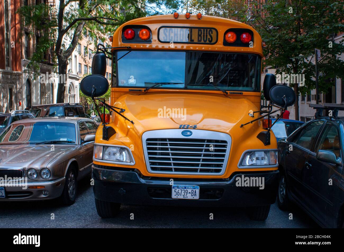 United States, New York City, Manhattan, school bus and jaguar XJ car. A school bus (also called schoolbus) in North America is a type of bus specific Stock Photo