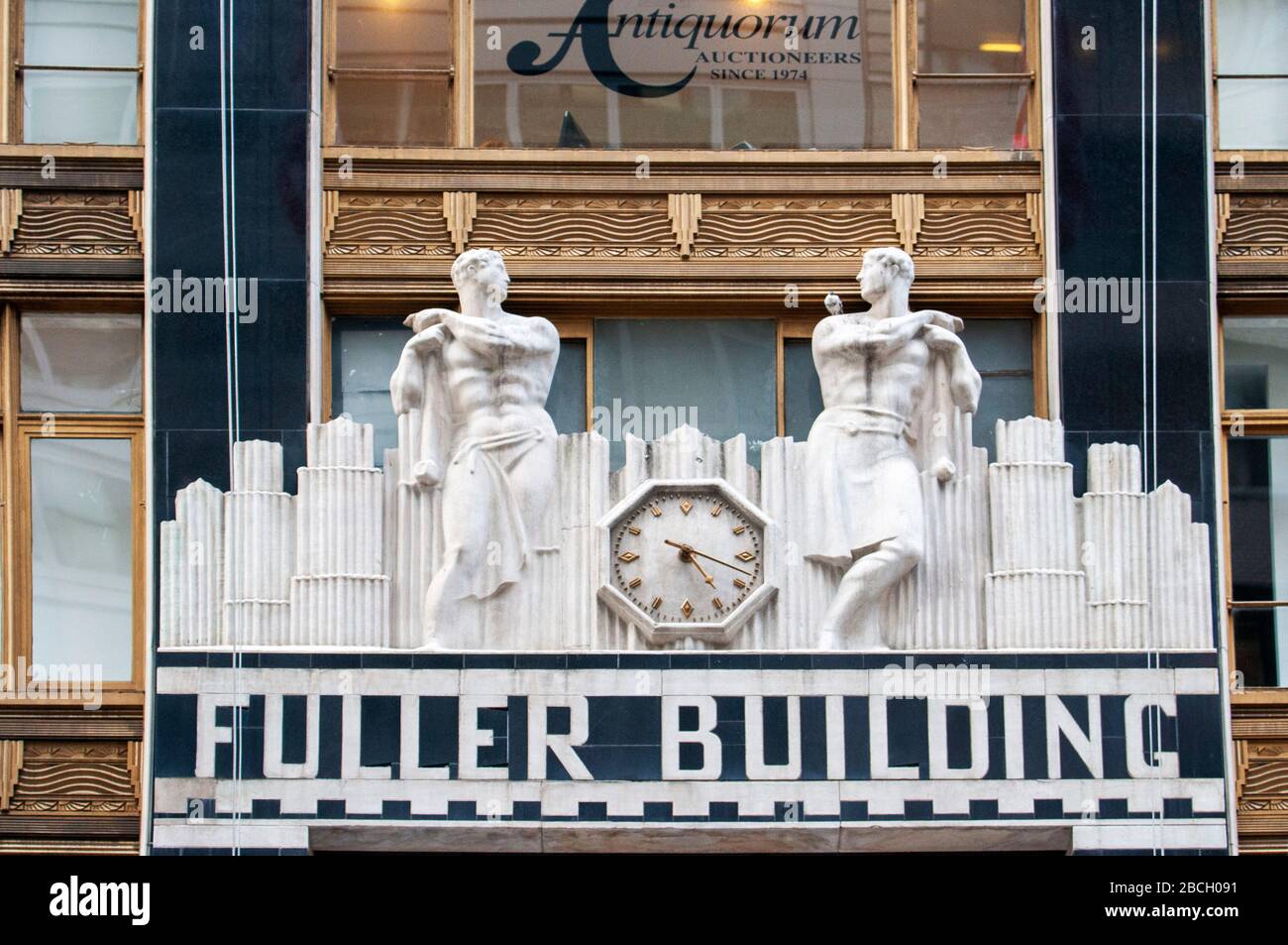 Architectural sculpture on the facade of Fuller Building, Manhattan, New York, USA.  Fuller Building, art deco, houses many galleries, midtown Manhatt Stock Photo