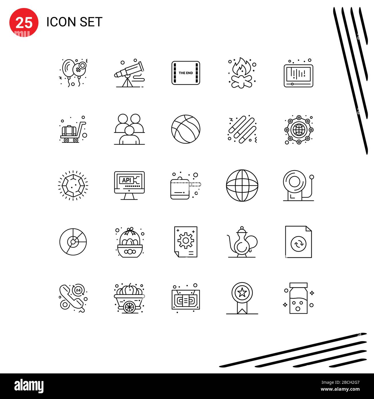 Modern Set of 25 Lines and symbols such as campfire, bonfire, astronomy, beach, movie Editable Vector Design Elements Stock Vector