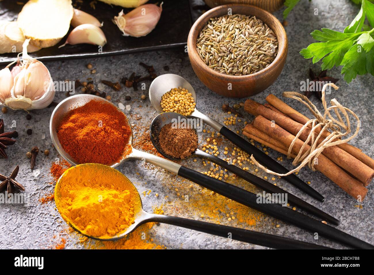Various Of Indian Herbs And Spices For Cooking On A Stone Table Stock Photo Alamy