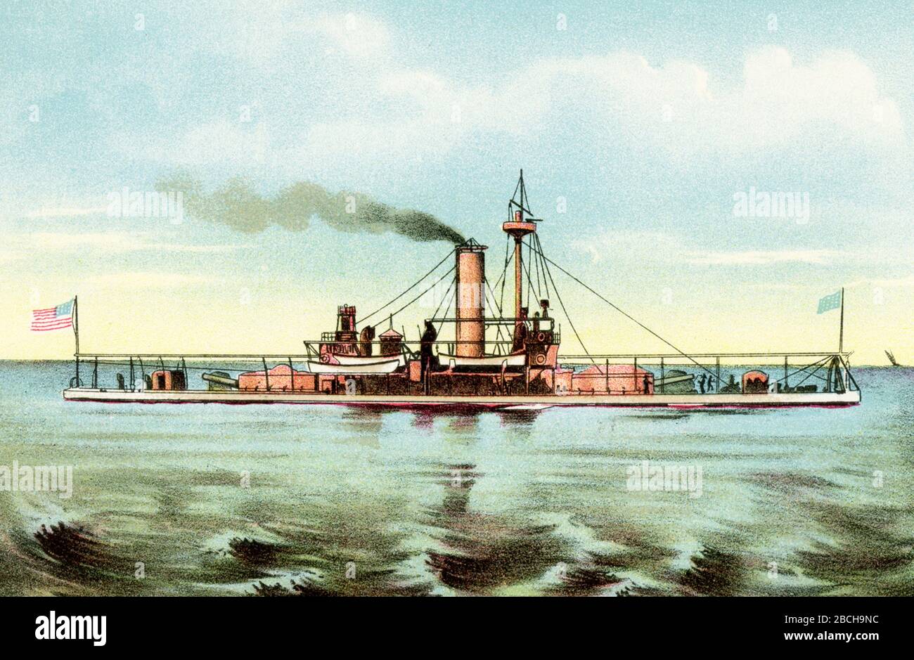 This illustration shows the United States Monitor Miantonomoh. The Miantonomoh class were a series of monitors of the U.S. Navy were constructed during the U.S. Civil War, but only one ship of the class took part in it. They were broken up in 1874–75. This illustration shows the United States Battleship Indiana. USS Indiana (BB-1) was the lead ship of her class and the first battleship in the United States Navy comparable to foreign battleships of the time. Authorized in 1890 and commissioned five years later, she was a small battleship, though with heavy armor and ordnance. Indiana served in Stock Photo