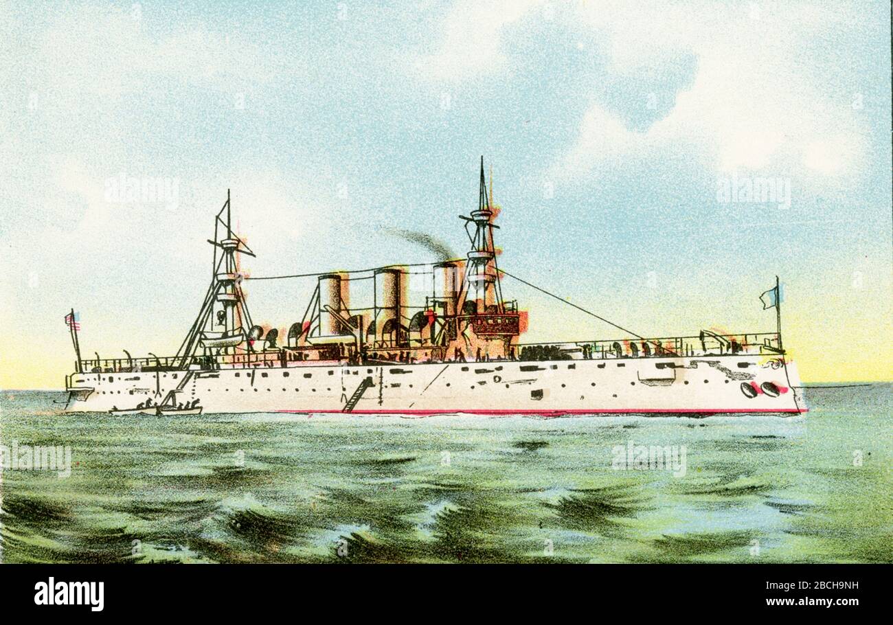 The  United States Armored Cruiser New York (also known as USS New York [ACR-2/CA-2]) was the second United States Navy armored cruiser so designated; the first was the ill-fated Maine, which was soon redesignated a second-class battleship. Due to the unusually protracted construction of Maine, New York was actually the first armored cruiser to enter U.S. Navy service. The United States Armored Cruiser Brooklyn was a key vessel in the Battle of Santiago de Cuba on 3 July, in which the Spanish Fleet was destroyed. It is referred to as the USS Brooklyn (ACR-3/CA-3). Stock Photo
