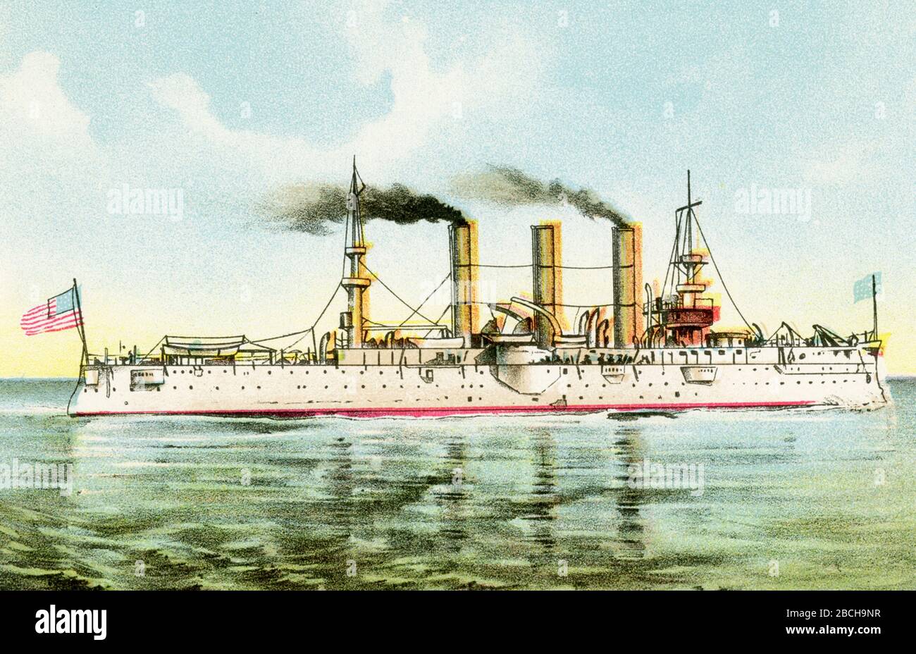 The United States Armored Cruiser Brooklyn was a key vessel in the Battle of Santiago de Cuba on 3 July, in which the Spanish Fleet was destroyed. It is referred to as the USS Brooklyn (ACR-3/CA-3). The  United States Armored Cruiser New York (also known as USS New York [ACR-2/CA-2]) was the second United States Navy armored cruiser so designated; the first was the ill-fated Maine, which was soon redesignated a second-class battleship. Due to the unusually protracted construction of Maine, New York was actually the first armored cruiser to enter U.S. Navy service. Stock Photo
