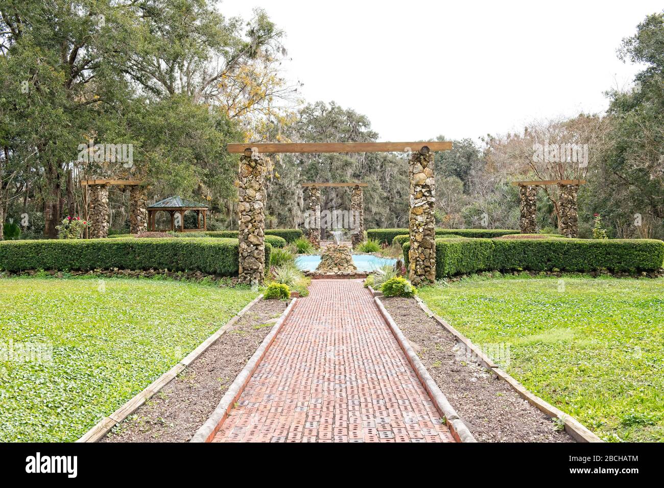 Terrace and fountains at the entrance to Ravine Gardens State Park in Palatka, FL. USA Stock Photo