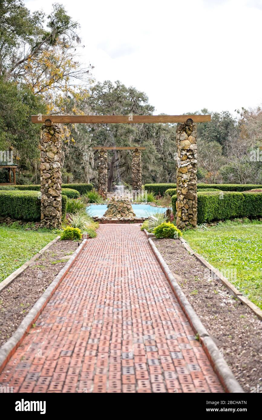 Terrace and fountains at the entrance to Ravine Gardens State Park in Palatka, FL. USA Stock Photo