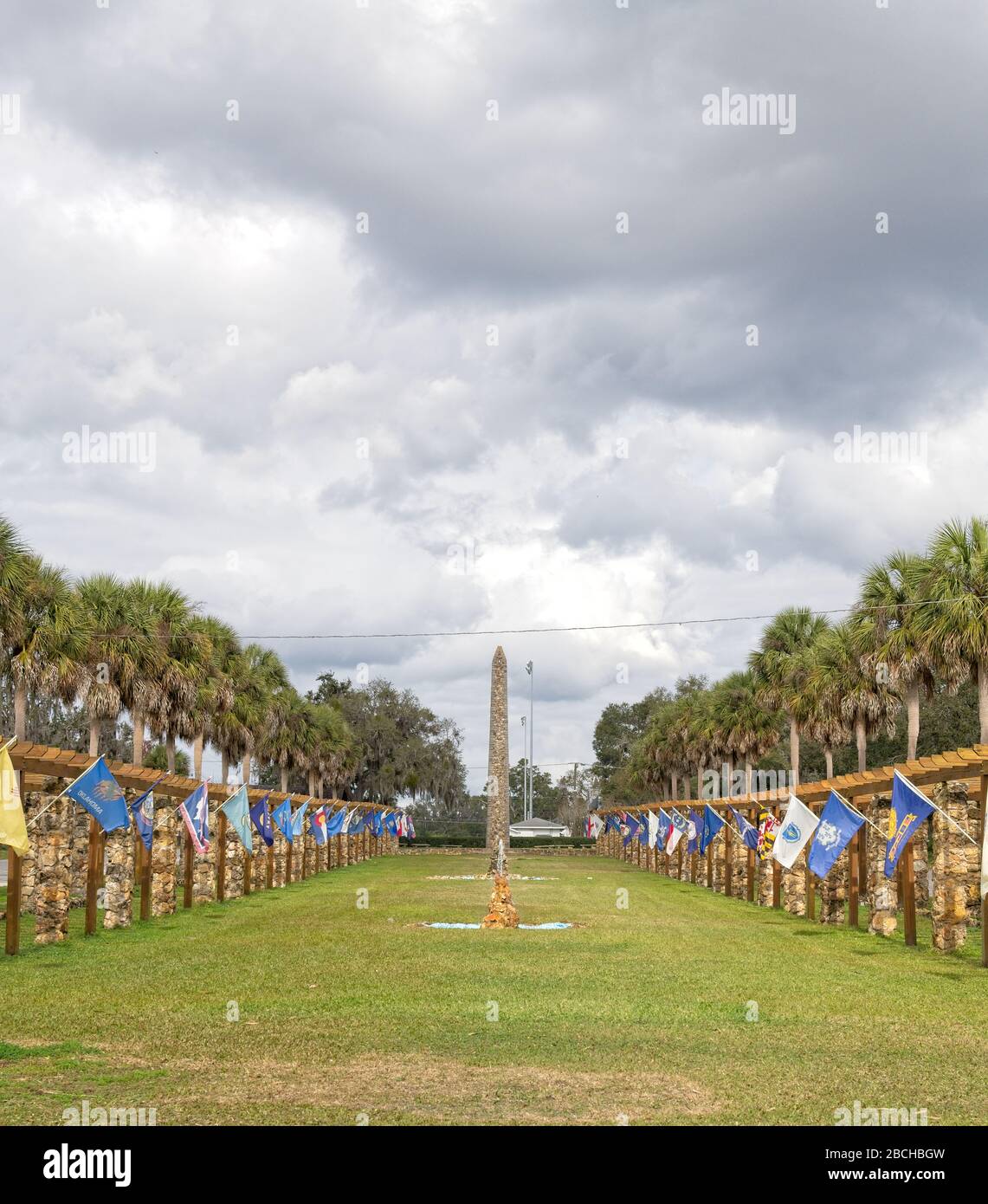 Obelisk and court of state flags at Historic Ravine Gardens State Park in Palatka, FL. USA Stock Photo